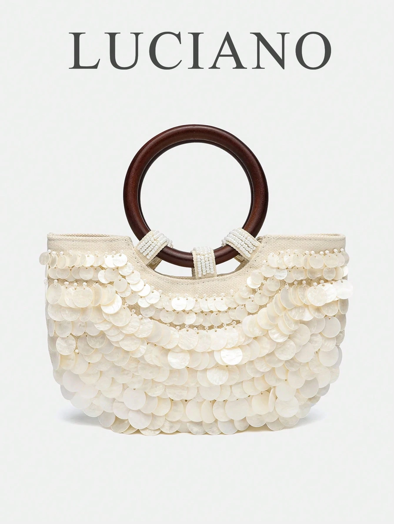 Sac à main bohème vintage en coquillage, sac panier avec poignée en bois pour vacances à