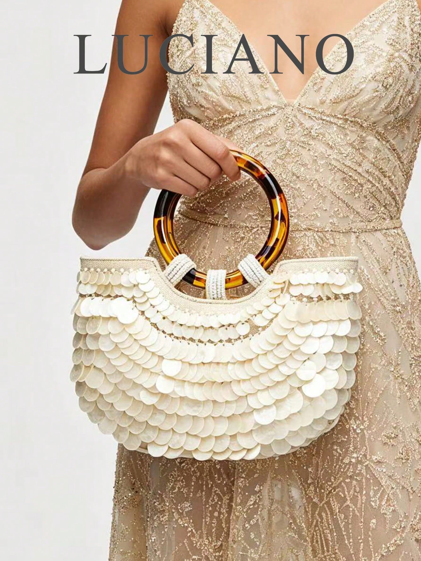 Sac à main bohème vintage en coquillage, sac panier avec poignée en bois pour vacances à — vue 2