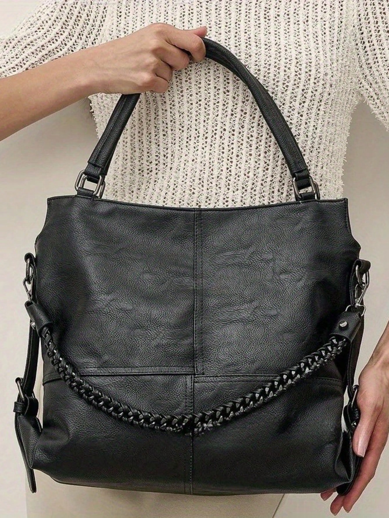 Sac à main en PU vegan pour femme, grand sac fourre-tout vintage, décoration de — vue 4