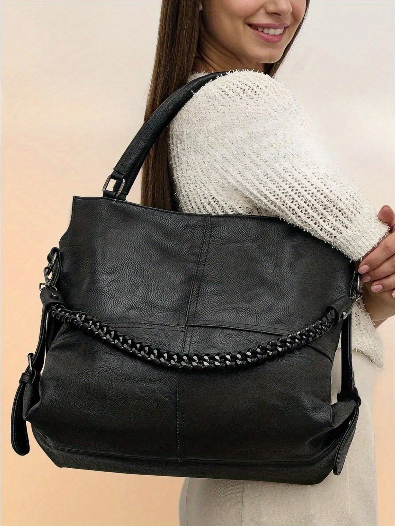 Sac à main en PU vegan pour femme, grand sac fourre-tout vintage, décoration de — vue 5