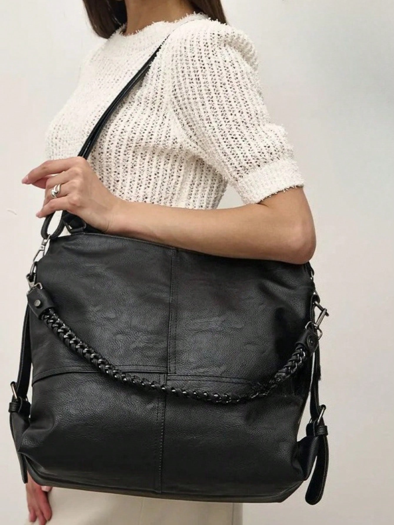 Sac à main en PU vegan pour femme, grand sac fourre-tout vintage, décoration de — vue 8