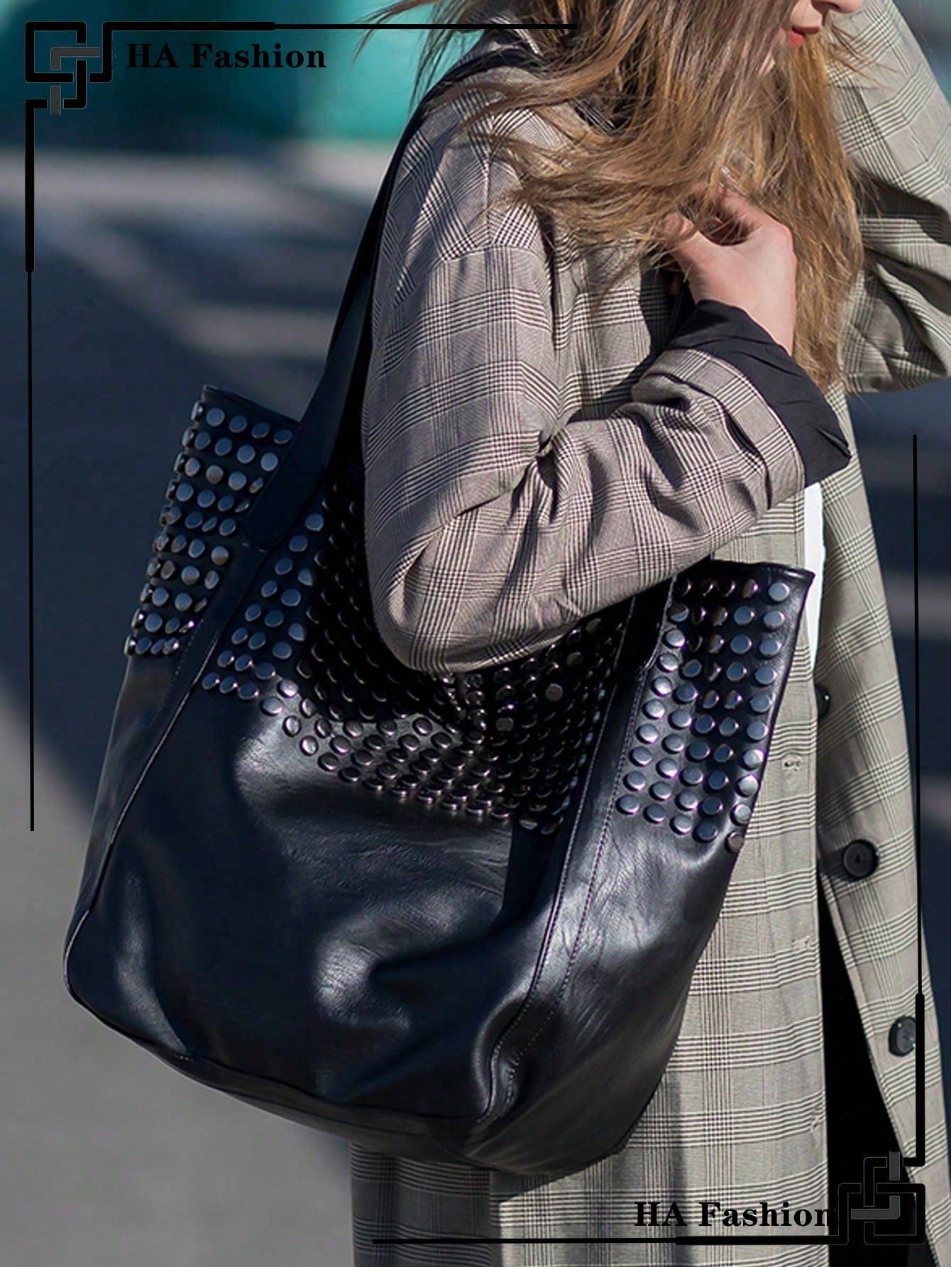 Sac à moto rétro pour femmes, sac à bandoulière grande capacité avec rivets, sac