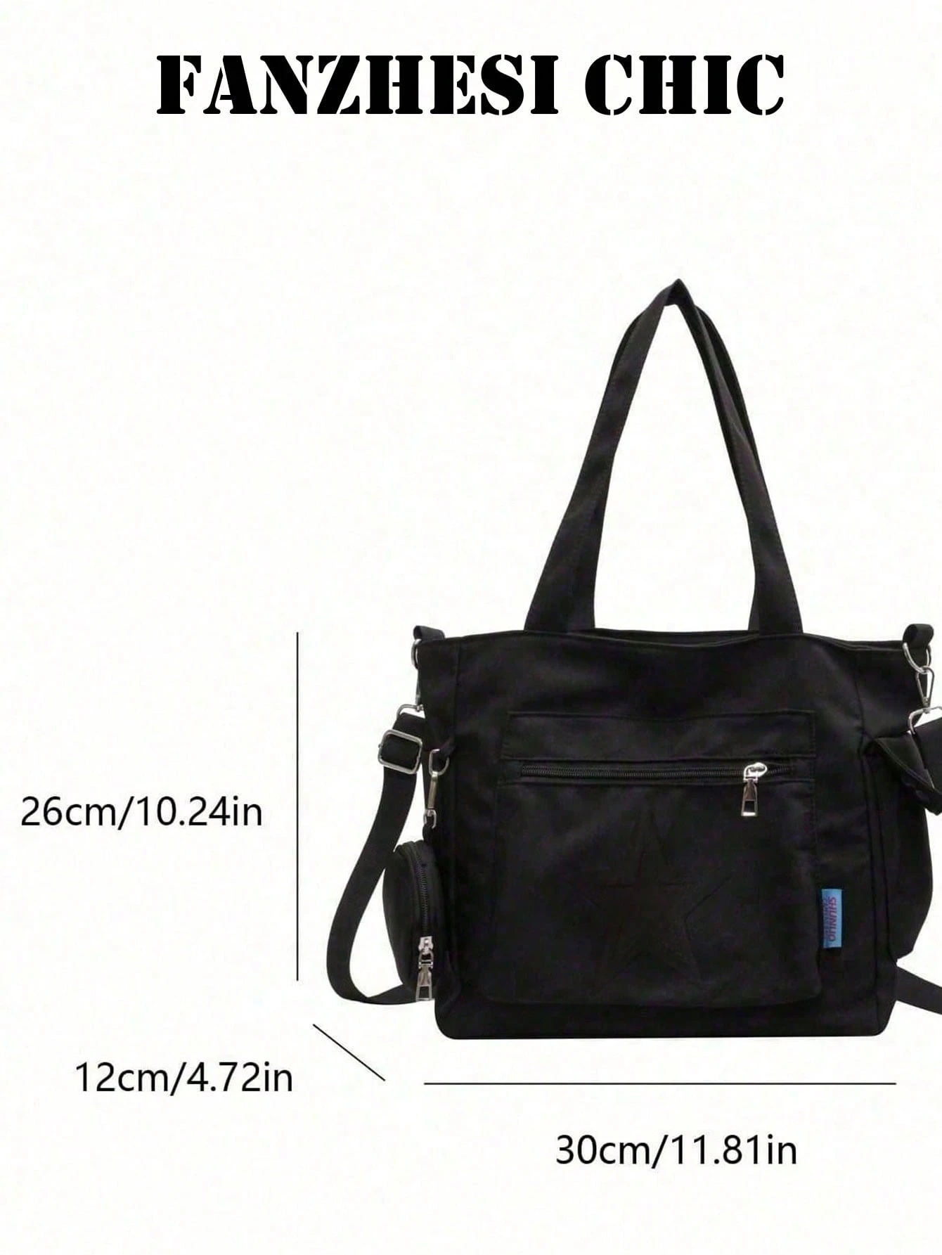 Sac fourre-tout minimaliste noir pour femmes avec poche à pression à l'avant, poches — vue 6