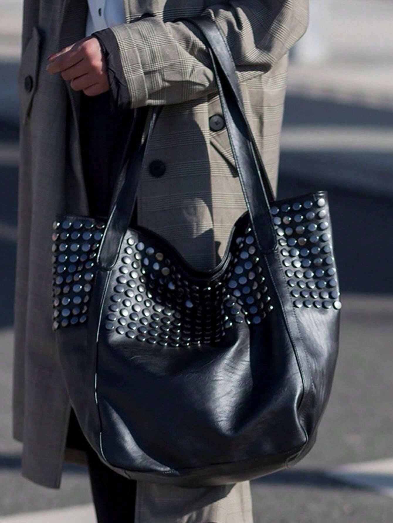 Sac à moto rétro pour femmes, sac à bandoulière grande capacité avec rivets, sac — vue 2