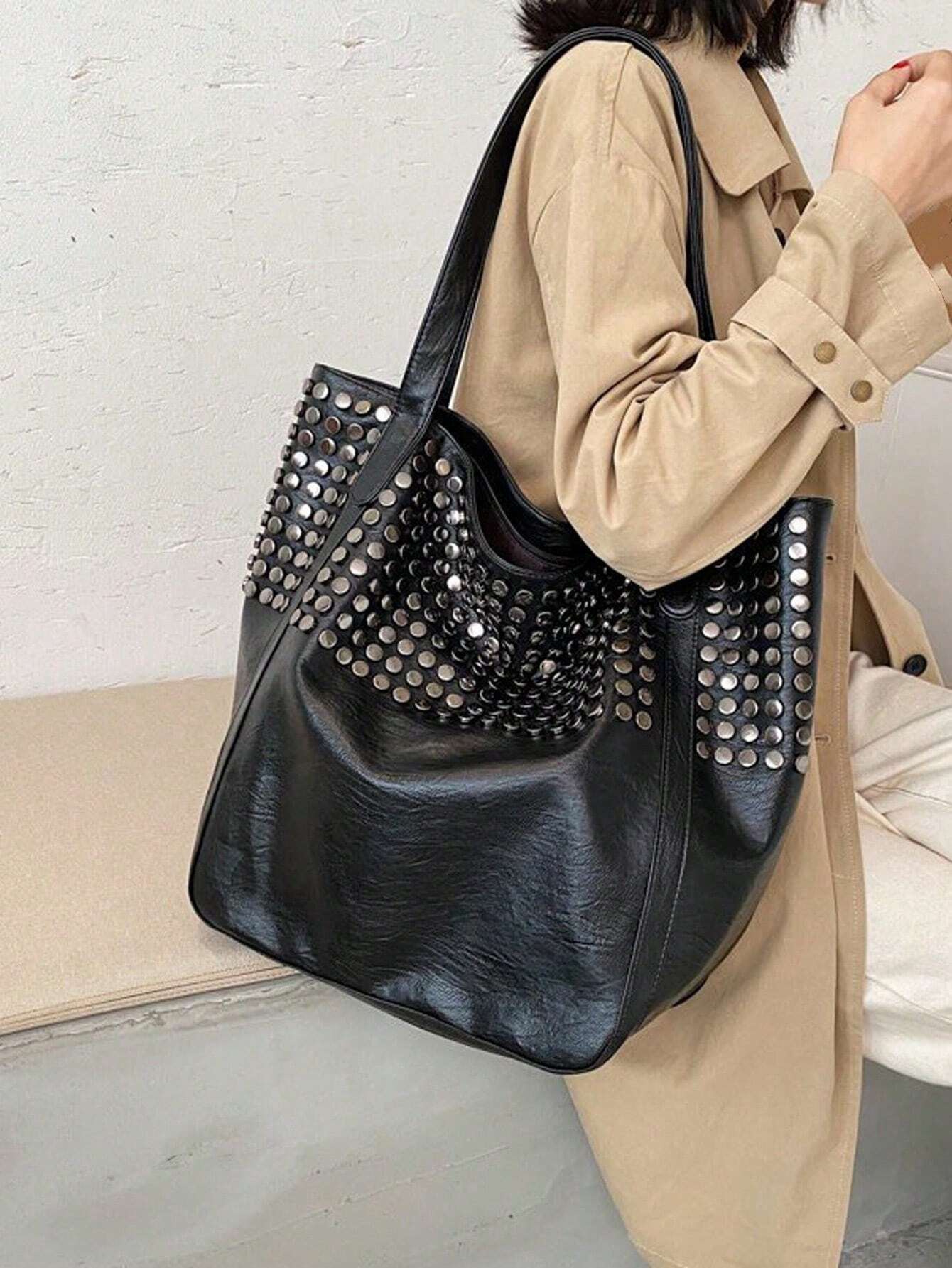 Sac à moto rétro pour femmes, sac à bandoulière grande capacité avec rivets, sac — vue 6