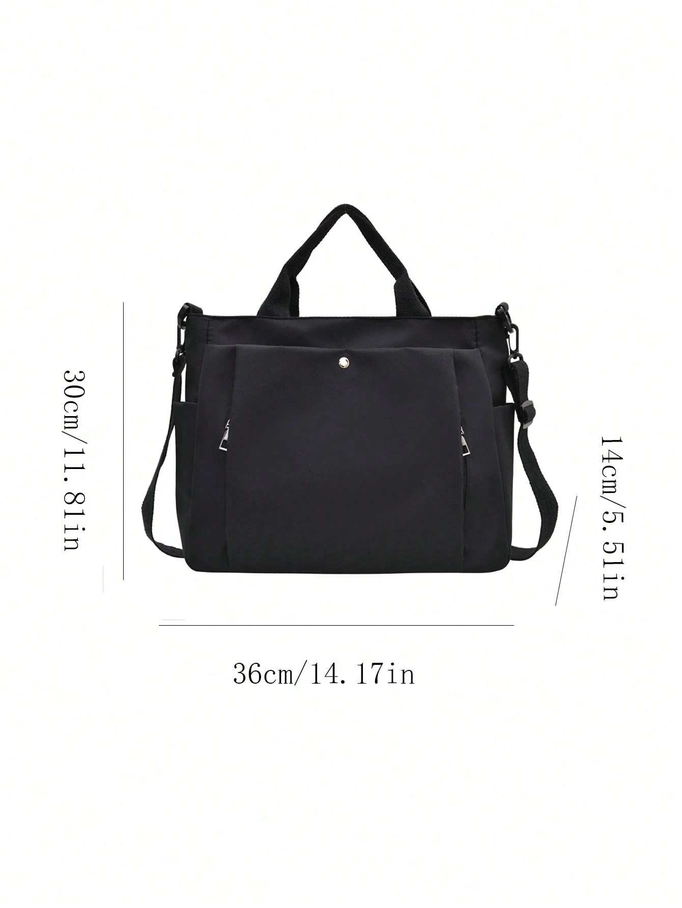 Sac fourre-tout minimaliste noir pour femmes avec poche à pression à l'avant, poches — vue 2