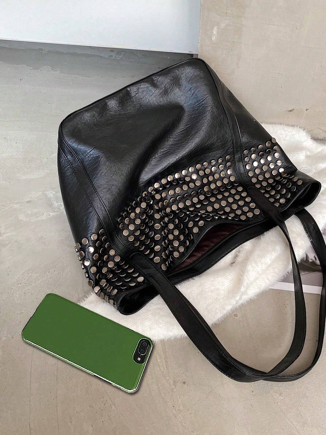 Sac à moto rétro pour femmes, sac à bandoulière grande capacité avec rivets, sac — vue 4