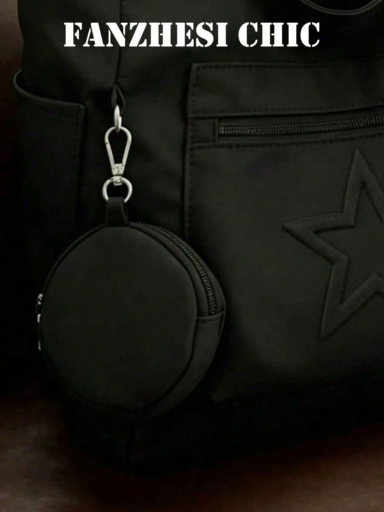 Sac fourre-tout minimaliste noir pour femmes avec poche à pression à l'avant, poches — vue 11