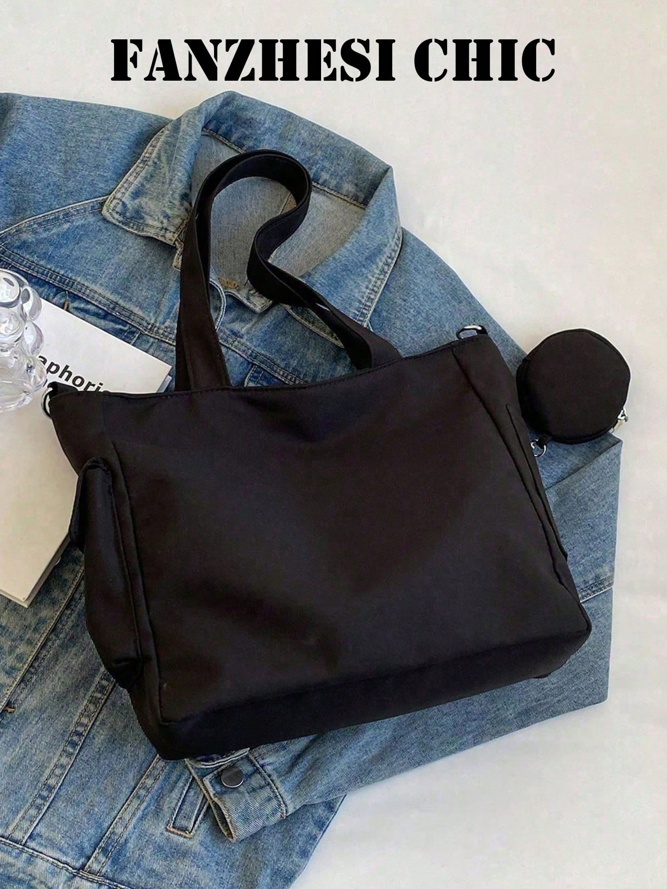 Sac fourre-tout minimaliste noir pour femmes avec poche à pression à l'avant, poches — vue 10