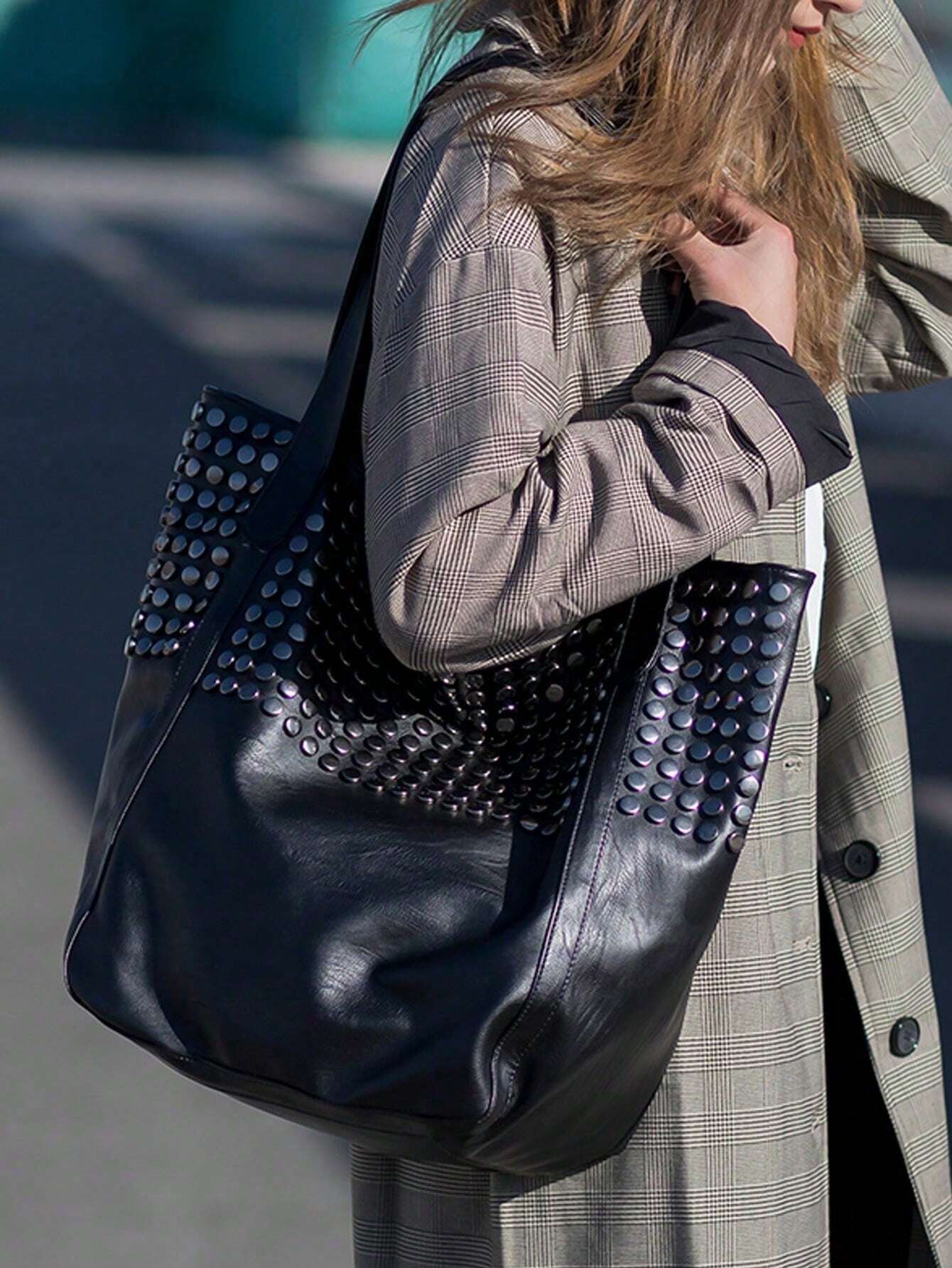 Sac à moto rétro pour femmes, sac à bandoulière grande capacité avec rivets, sac — vue 7
