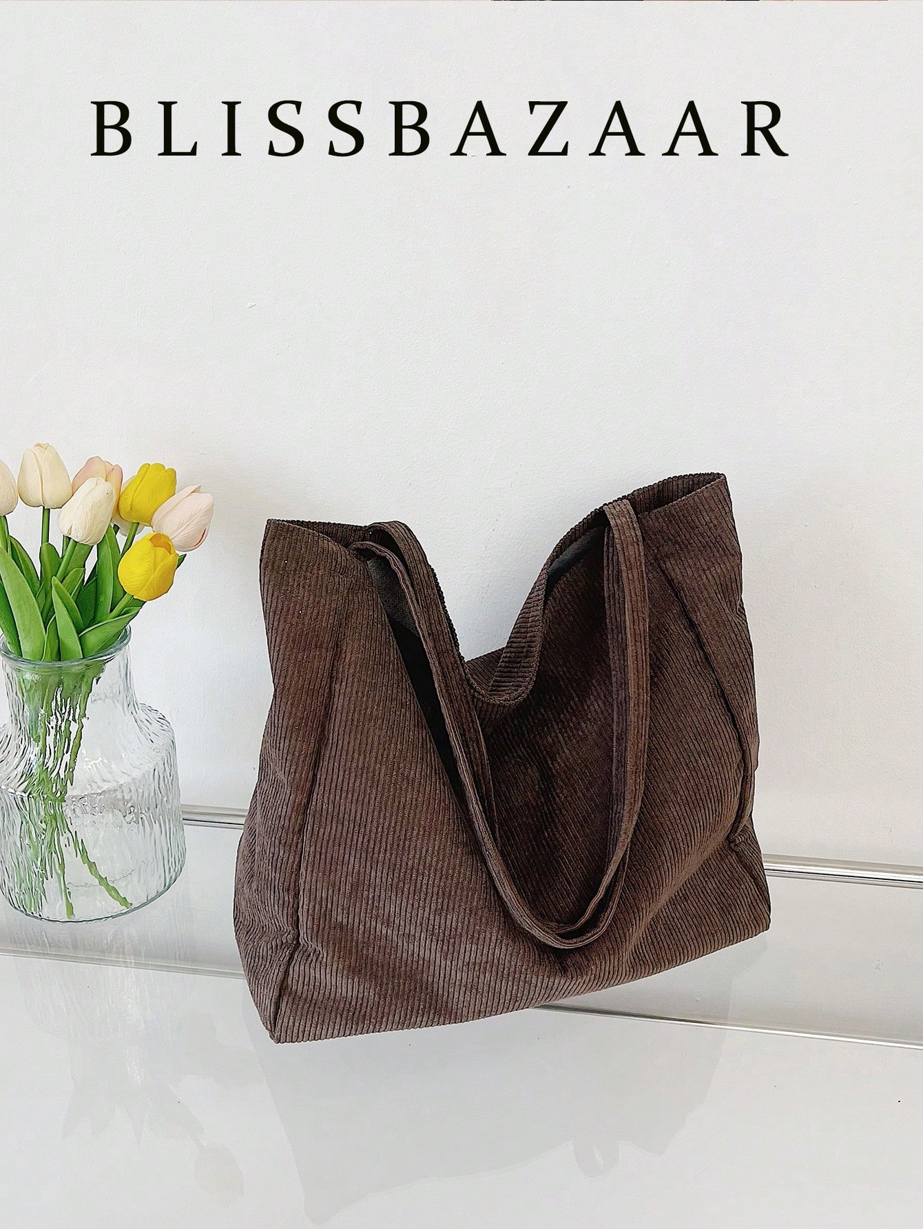 Sac cabas en velours côtelé minimaliste, sac d'école, grande capacité, léger, portable, — vue 2