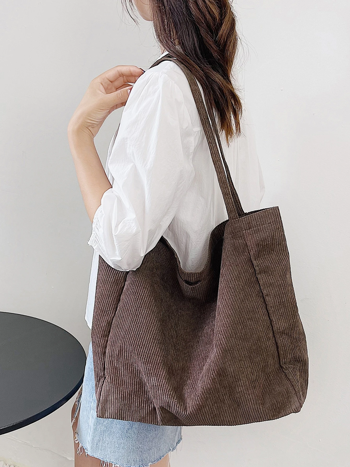Sac cabas en velours côtelé minimaliste, sac d'école, grande capacité, léger, portable, — vue 6