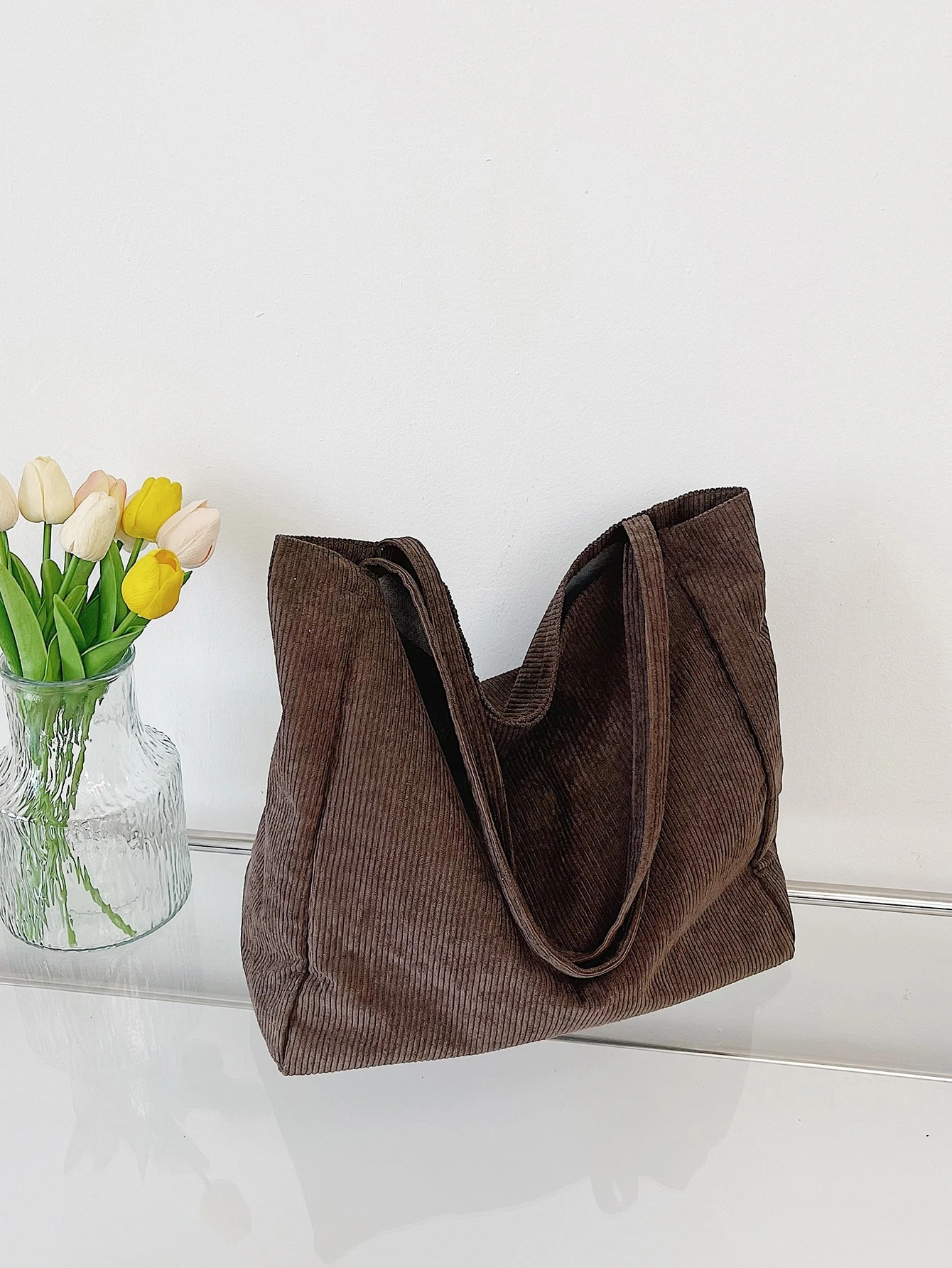 Sac cabas en velours côtelé minimaliste, sac d'école, grande capacité, léger, portable, — vue 4