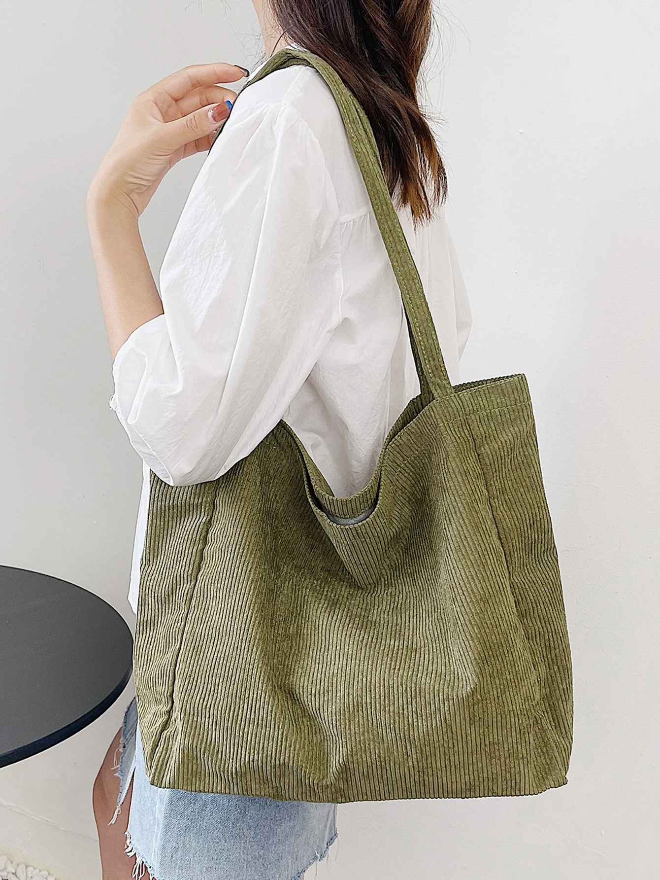 Sac cabas en velours côtelé minimaliste, sac d'école, grande capacité, léger, portable, — vue 7