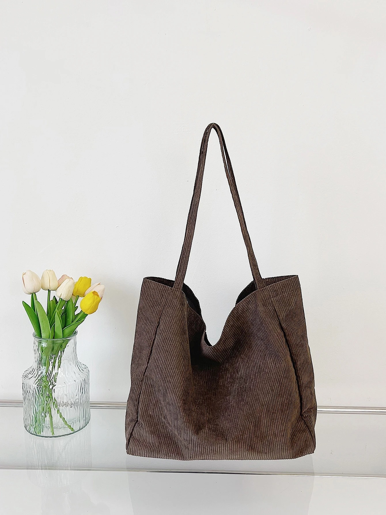 Sac cabas en velours côtelé minimaliste, sac d'école, grande capacité, léger, portable, — vue 12