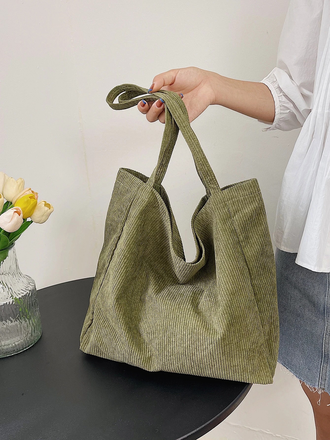 Sac cabas en velours côtelé minimaliste, sac d'école, grande capacité, léger, portable, — vue 11