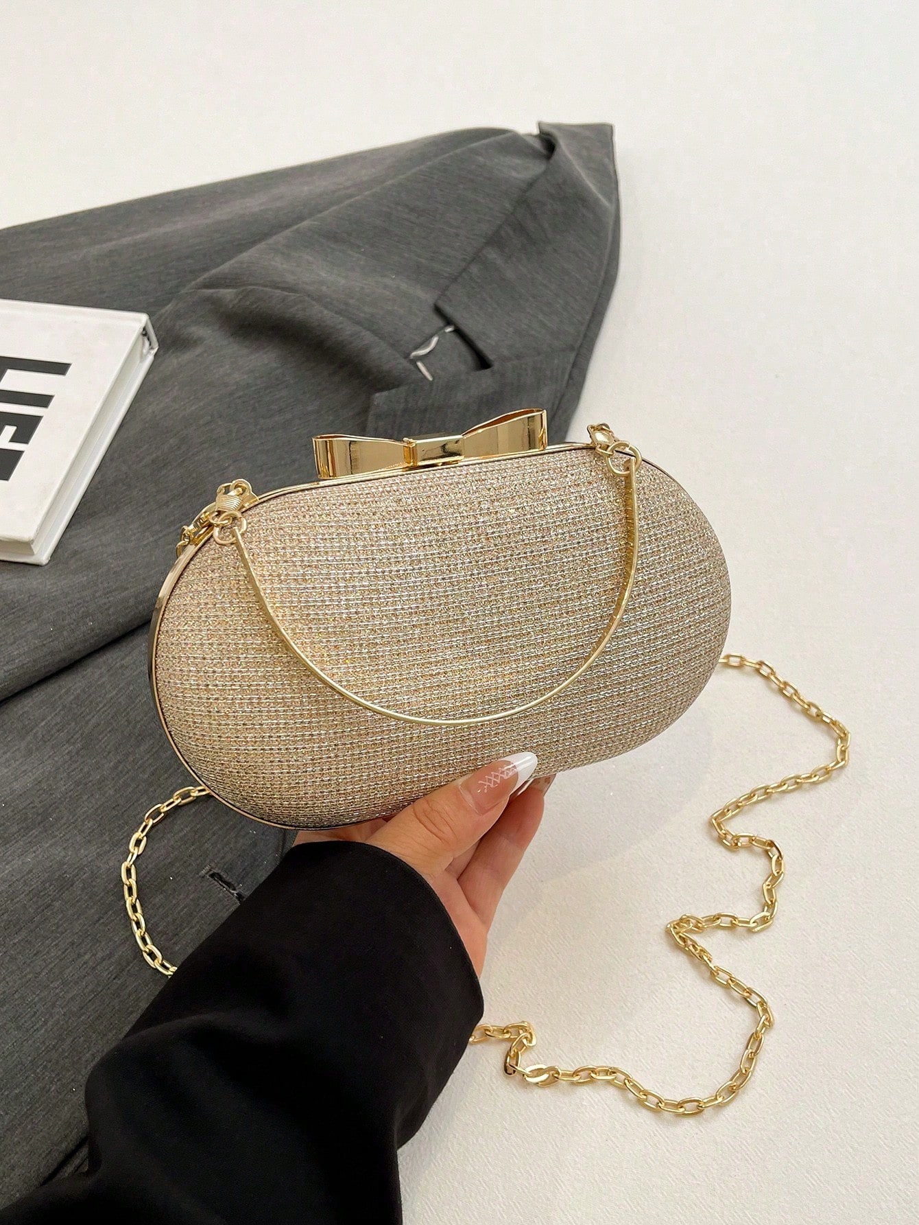 Mini sac de soirée pour femme en métal doré brillant/à paillettes, charmant et portable, — vue 8