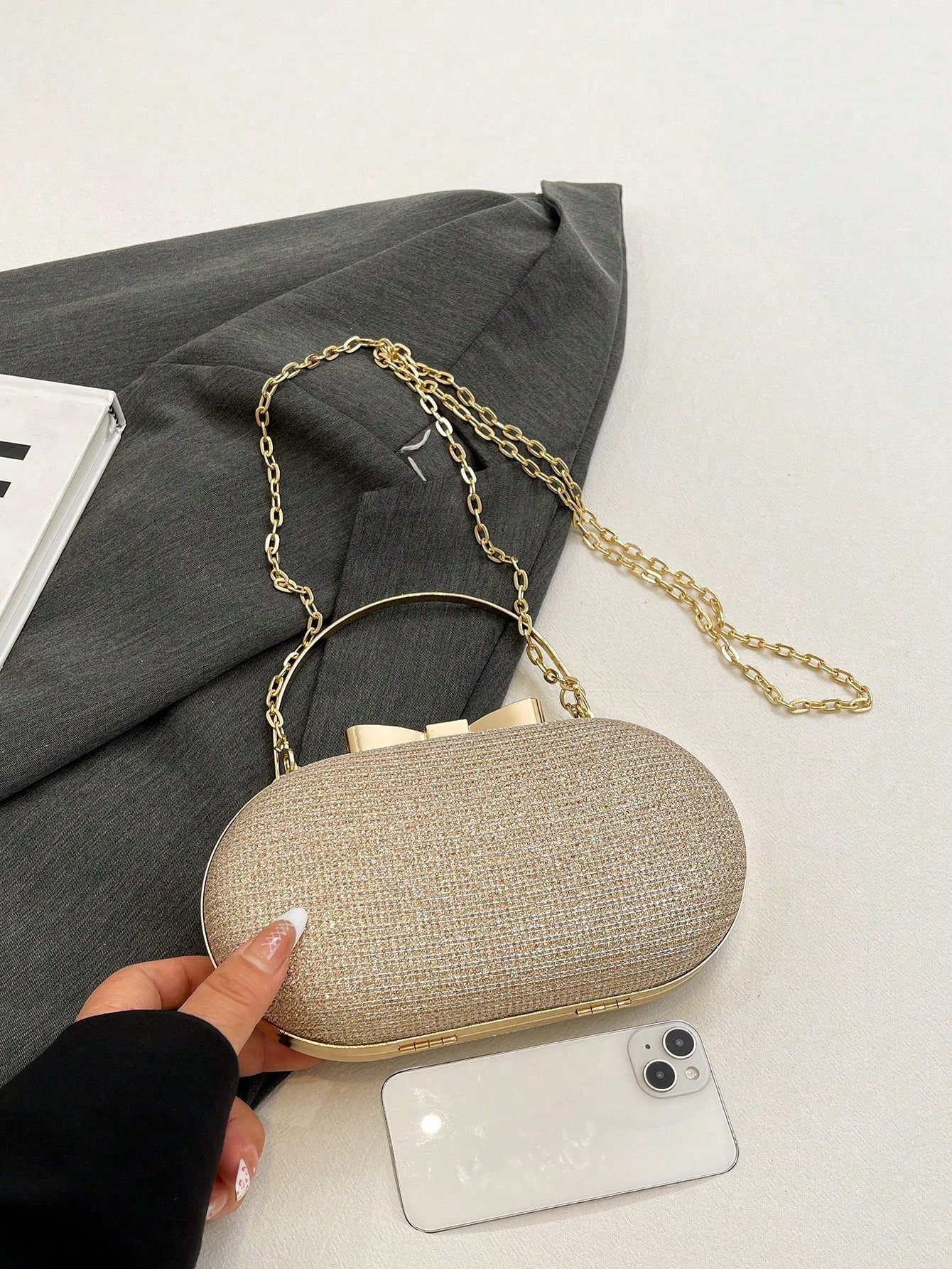 Mini sac de soirée pour femme en métal doré brillant/à paillettes, charmant et portable, — vue 7