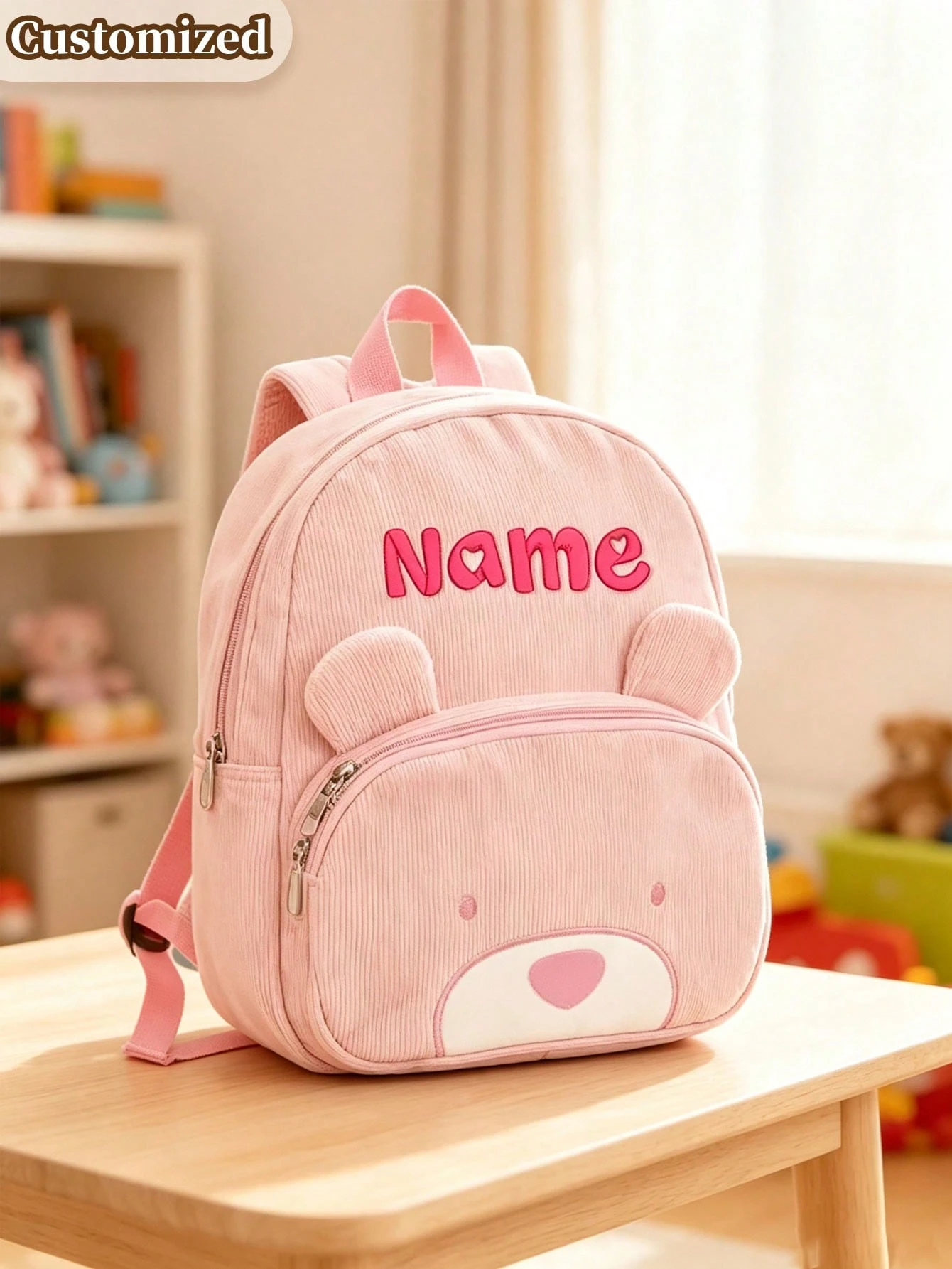 Sac à dos en velours côtelé avec ours brodé personnalisé, sac à bandoulière réglable avec — vue 4