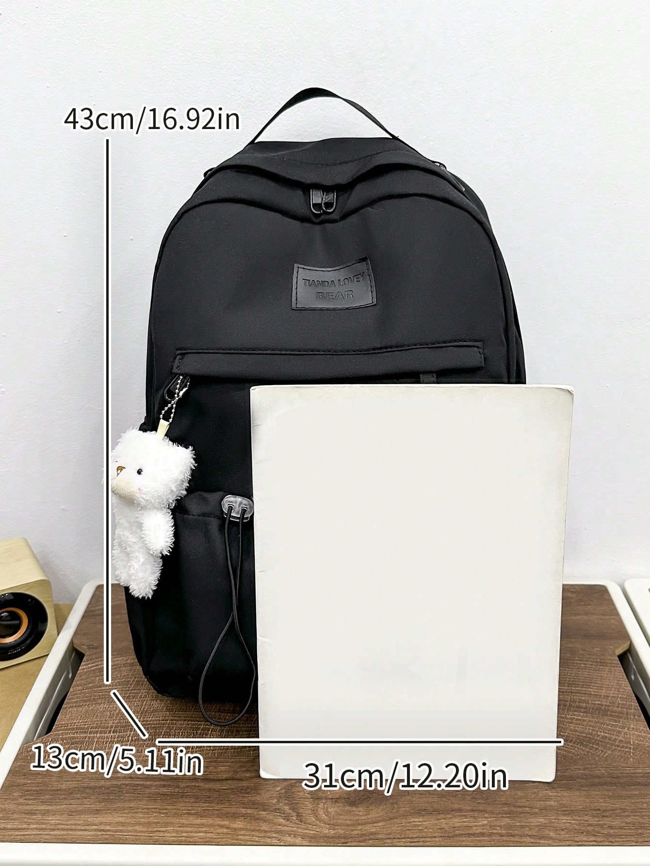 Sac à dos noir décontracté et de grande capacité avec pendentif ours. Convient pour un — vue 6