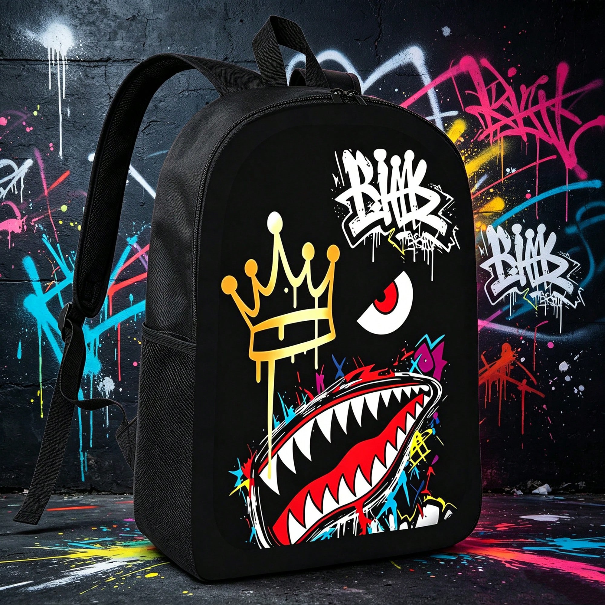 Sac à dos de campus unisexe à la mode avec imprimé couronne, lettre et bouche de requin,