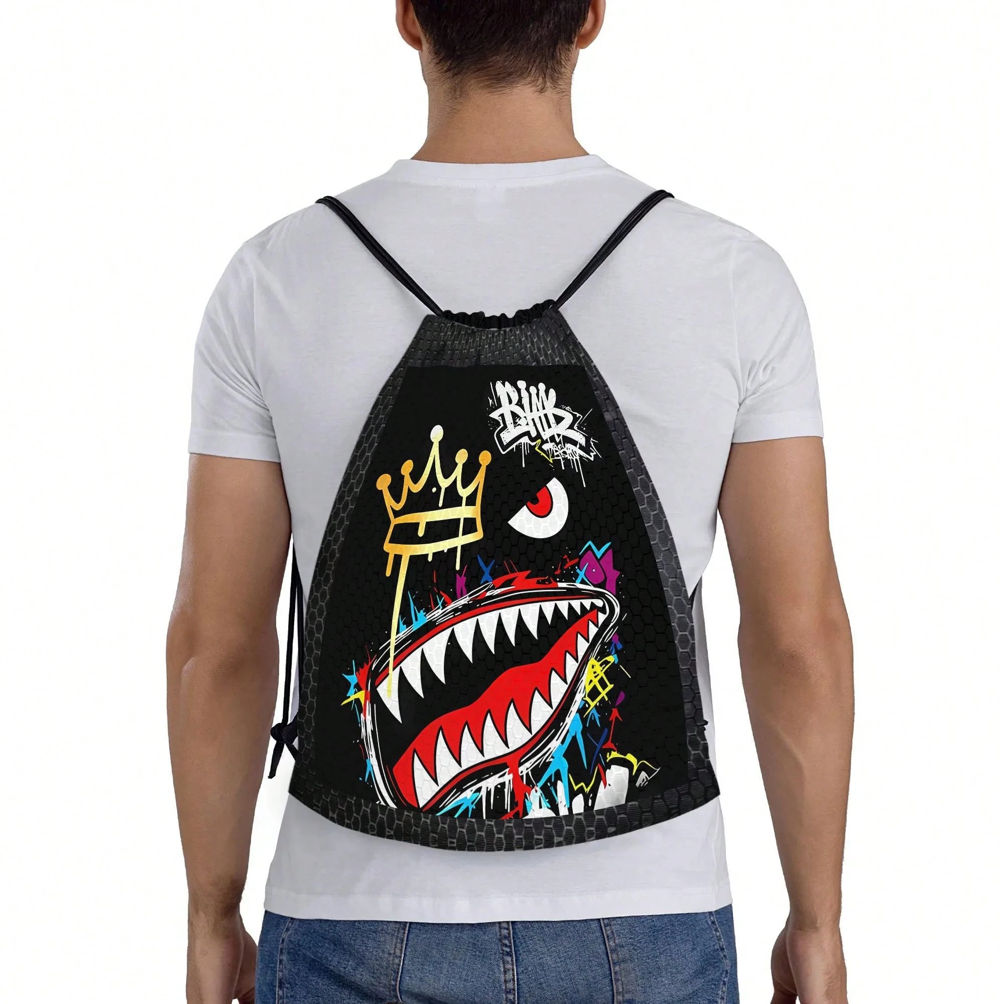 Sac à dos de campus unisexe à la mode avec imprimé couronne, lettre et bouche de requin, — vue 10