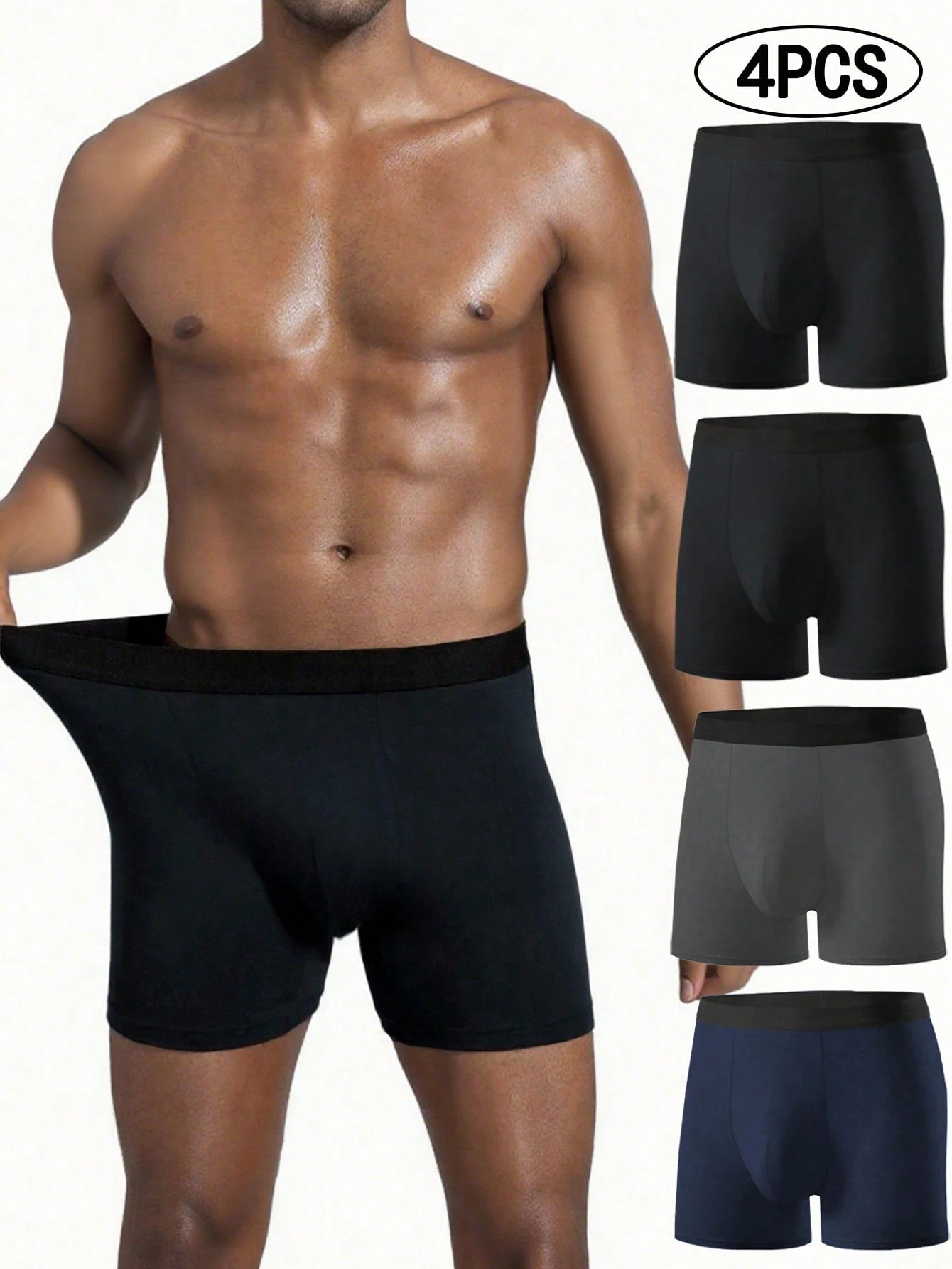 Sous-vêtements longs de couleur unie pour hommes, shorts élastiques confortables et — vue 2