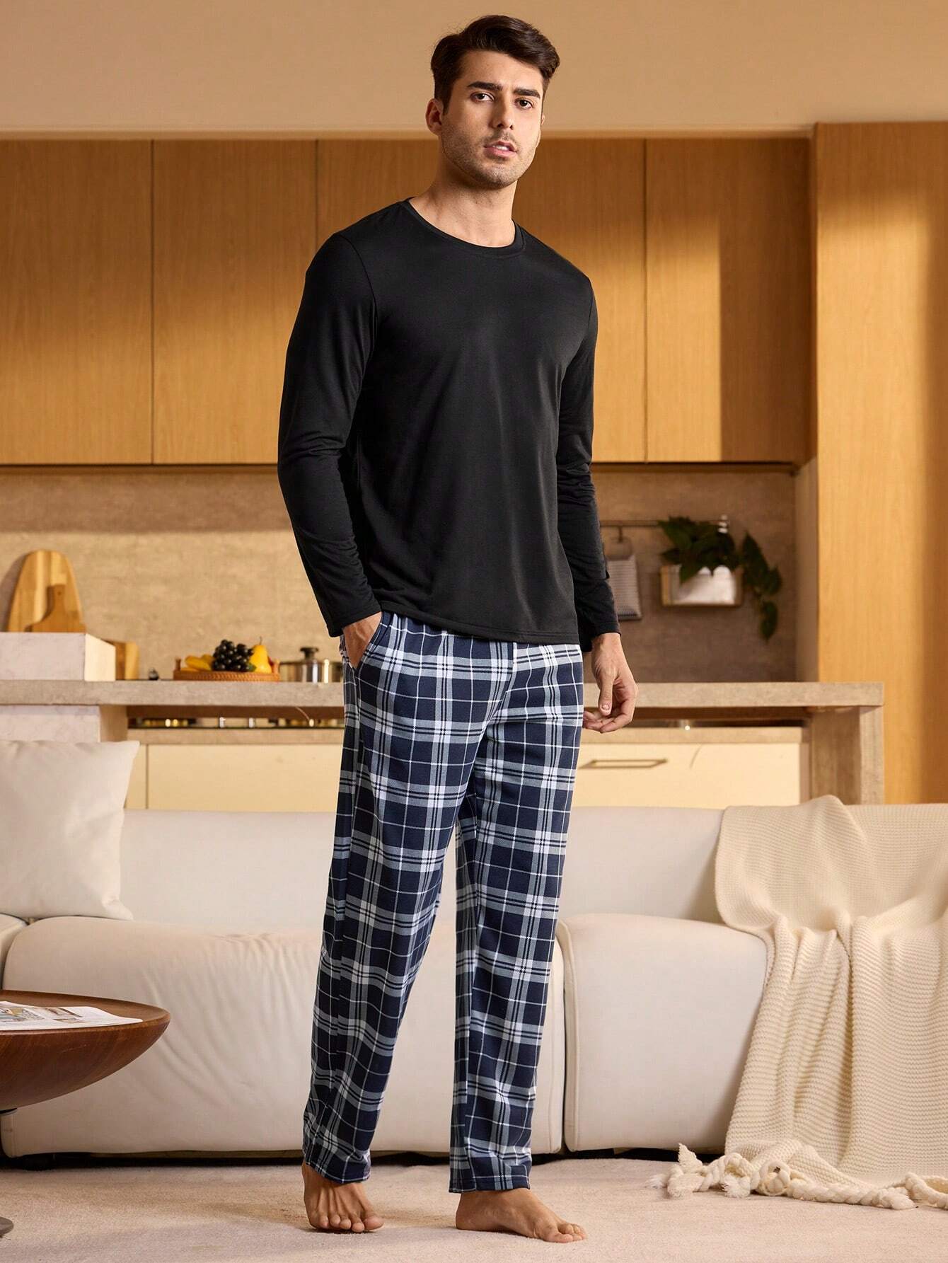Pantalon de pyjama casual à taille élastique avec poches, à carreaux, pour — vue 3