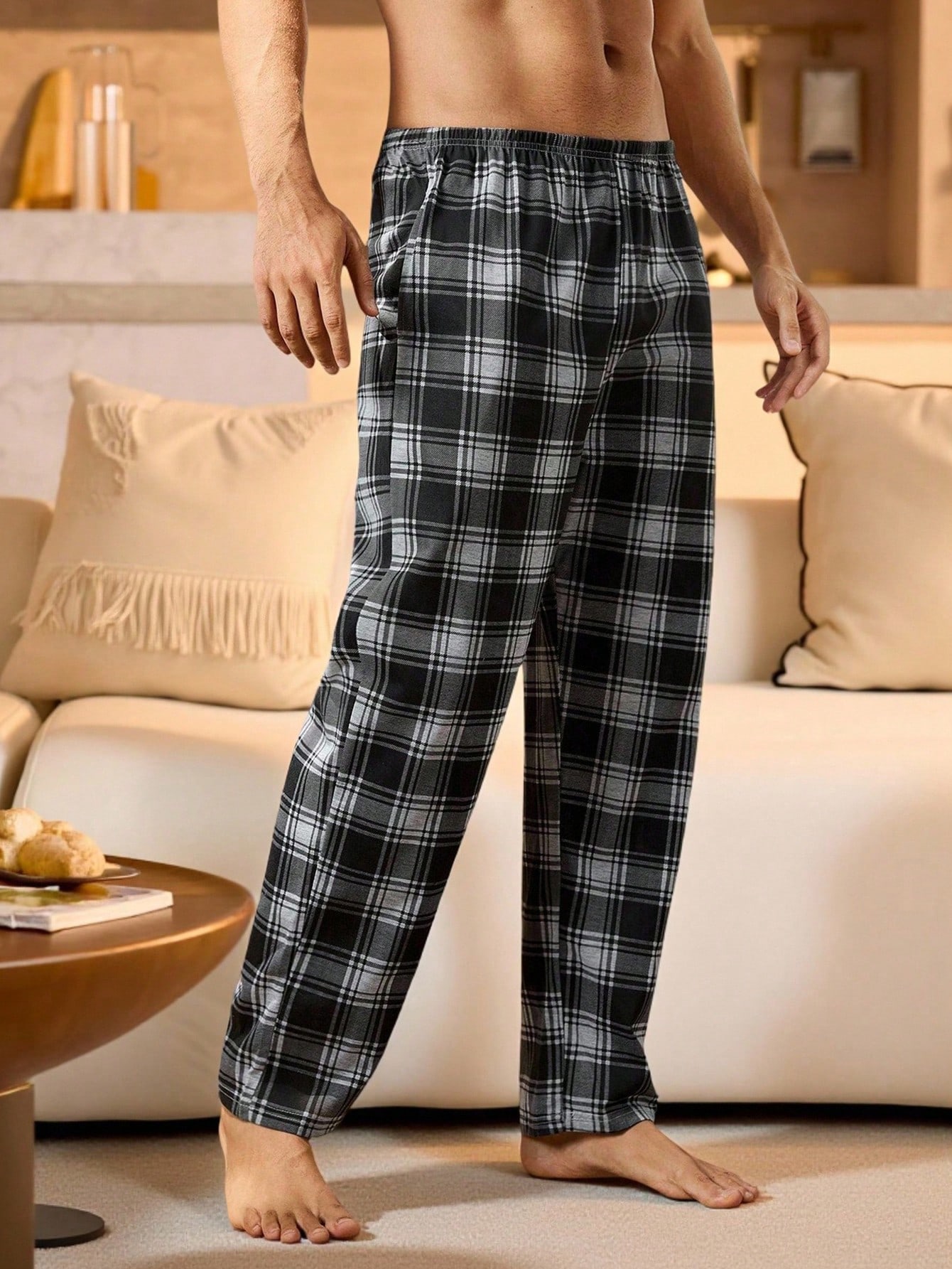 Pantalon de pyjama casual court à carreaux bleu royal avec poches, en tissu à stretch — vue 2