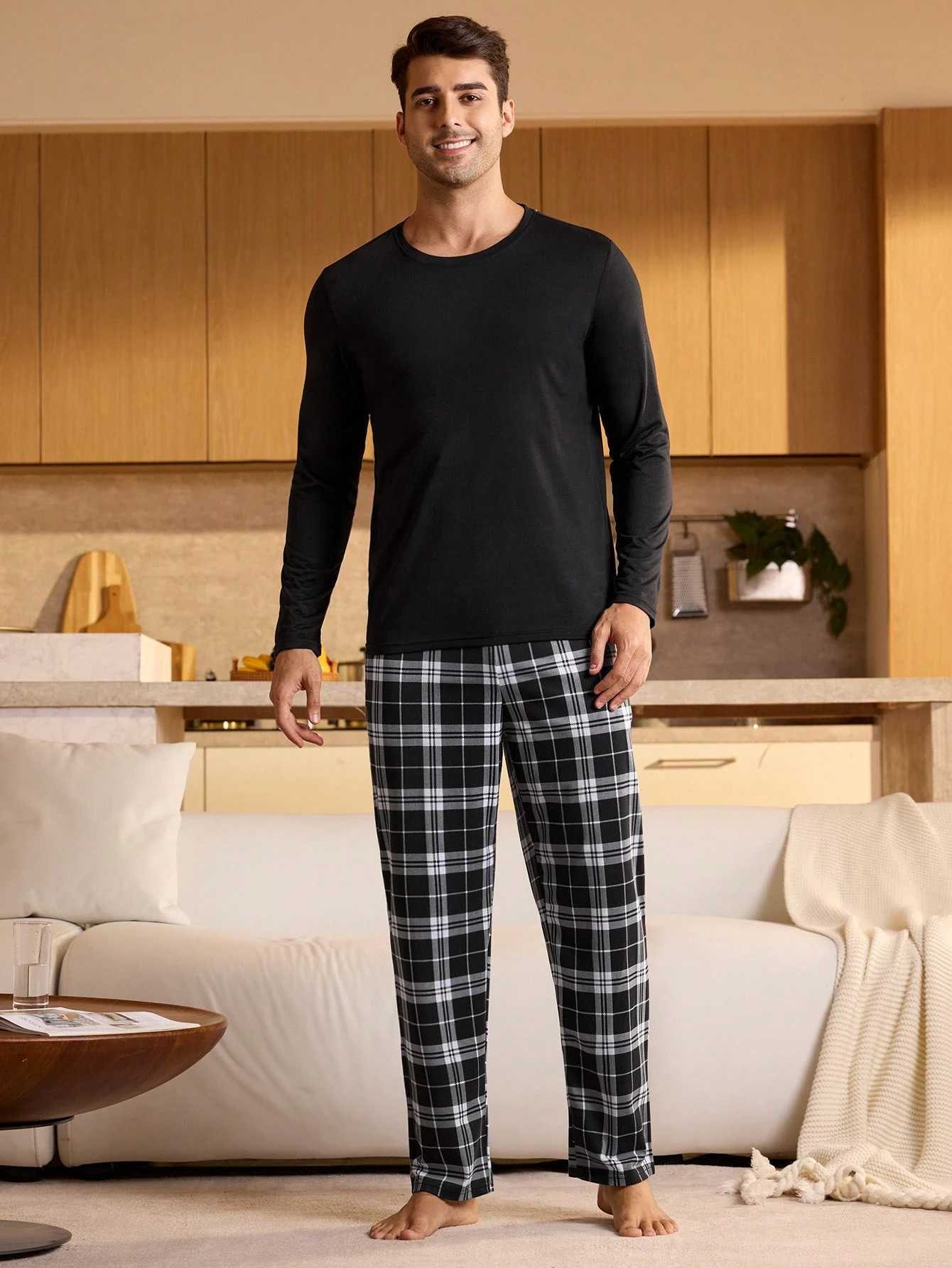 Pantalon de pyjama casual à taille élastique avec poches, à carreaux, pour