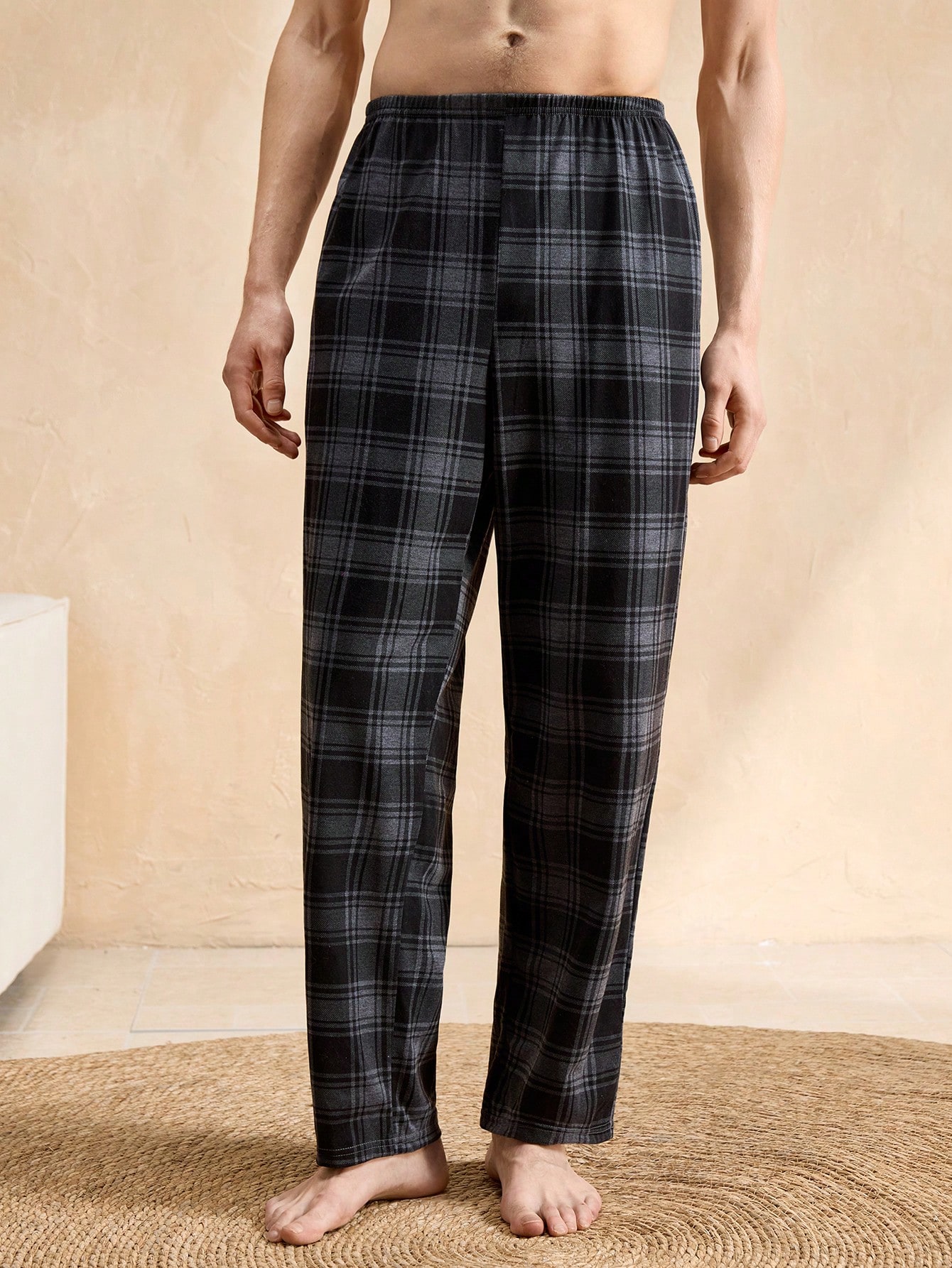 Pantalon de pyjama casual court à carreaux bleu royal avec poches, en tissu à stretch — vue 3