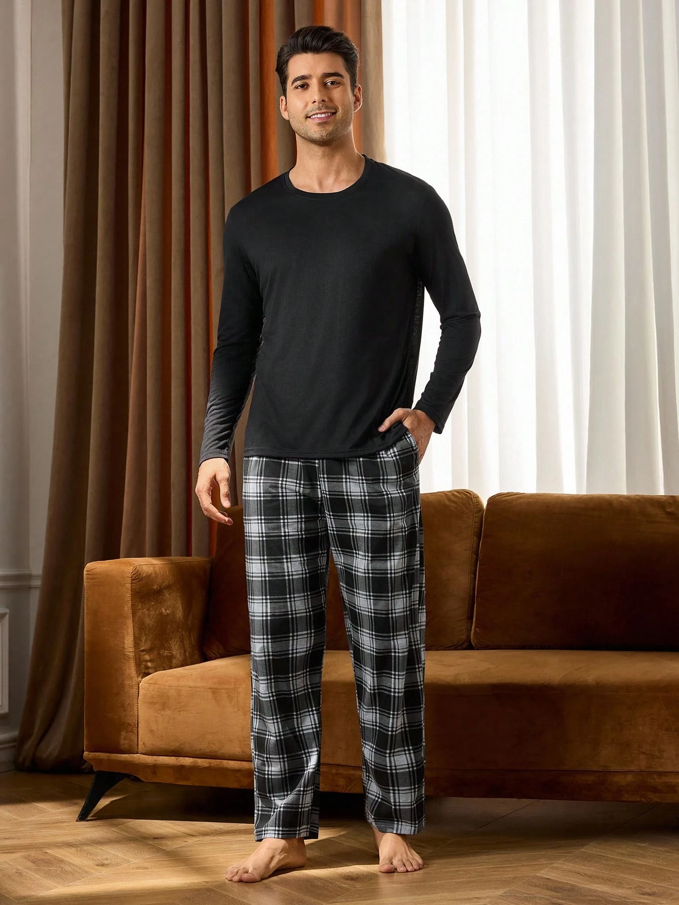 Pantalon de pyjama casual court à carreaux bleu royal avec poches, en tissu à stretch — vue 5