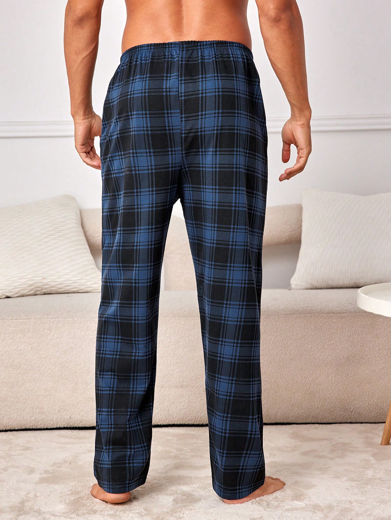 Pantalon de pyjama casual court à carreaux bleu royal avec poches, en tissu à stretch — vue 4