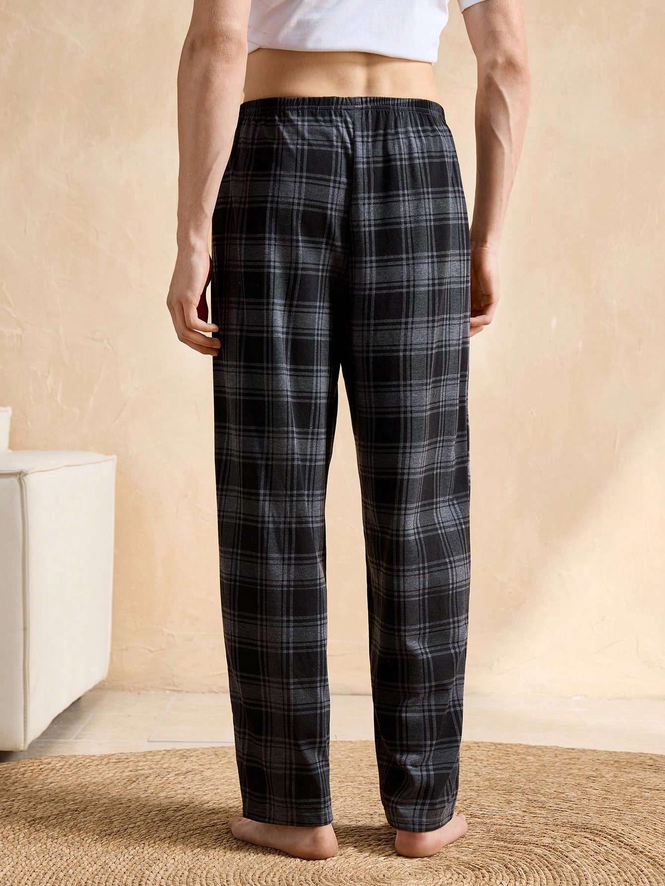 Pantalon de pyjama casual court à carreaux bleu royal avec poches, en tissu à stretch — vue 6