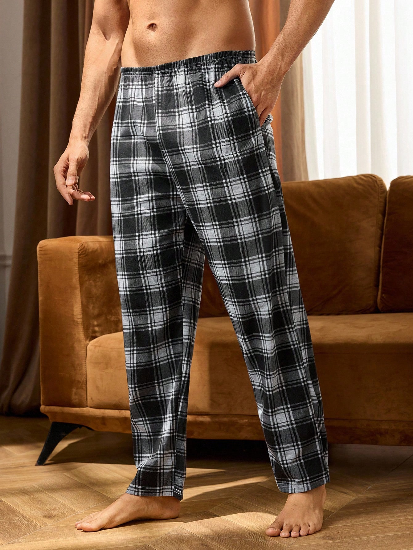 Pantalon de pyjama casual court à carreaux bleu royal avec poches, en tissu à stretch — vue 11