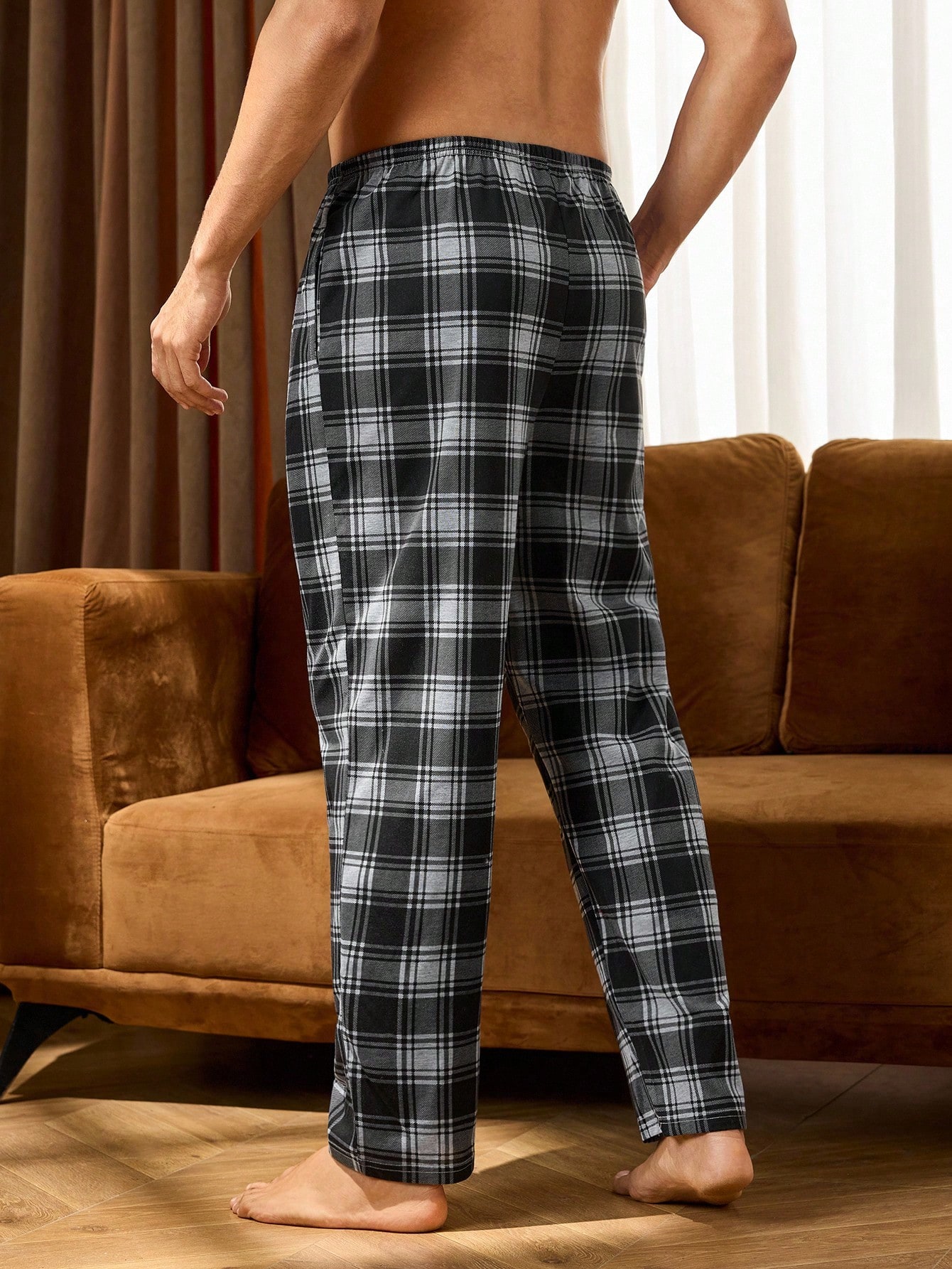 Pantalon de pyjama casual court à carreaux bleu royal avec poches, en tissu à stretch — vue 8