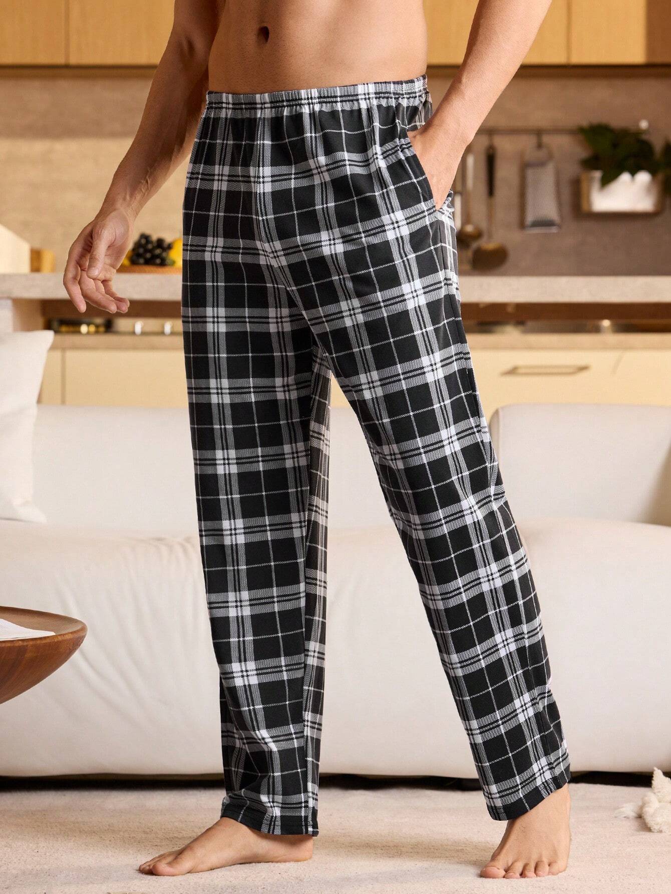 Pantalon de pyjama casual à taille élastique avec poches, à carreaux, pour — vue 7