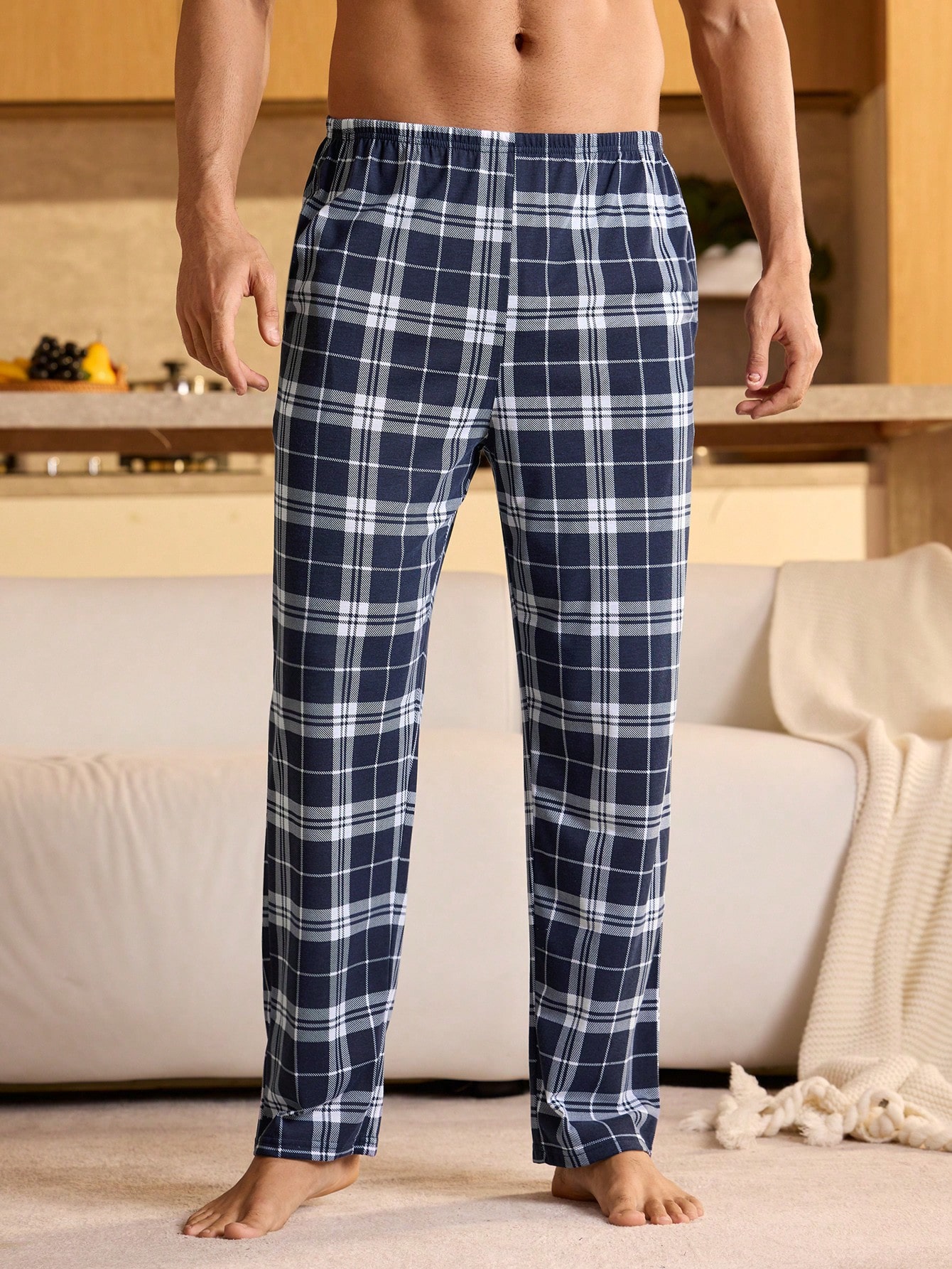 Pantalon de pyjama casual à taille élastique avec poches, à carreaux, pour — vue 9