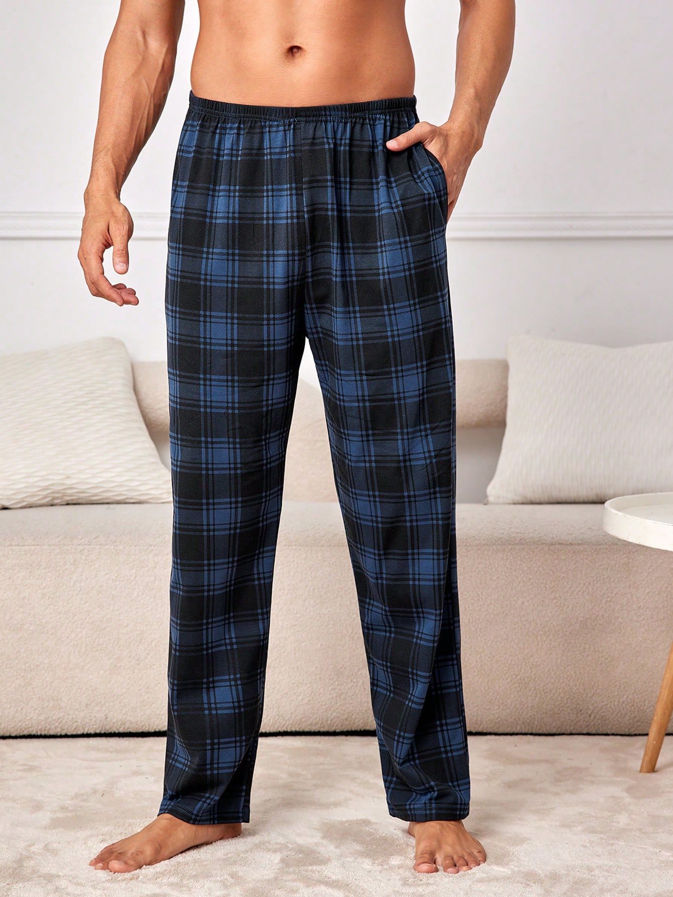 Pantalon de pyjama casual court à carreaux bleu royal avec poches, en tissu à stretch — vue 7