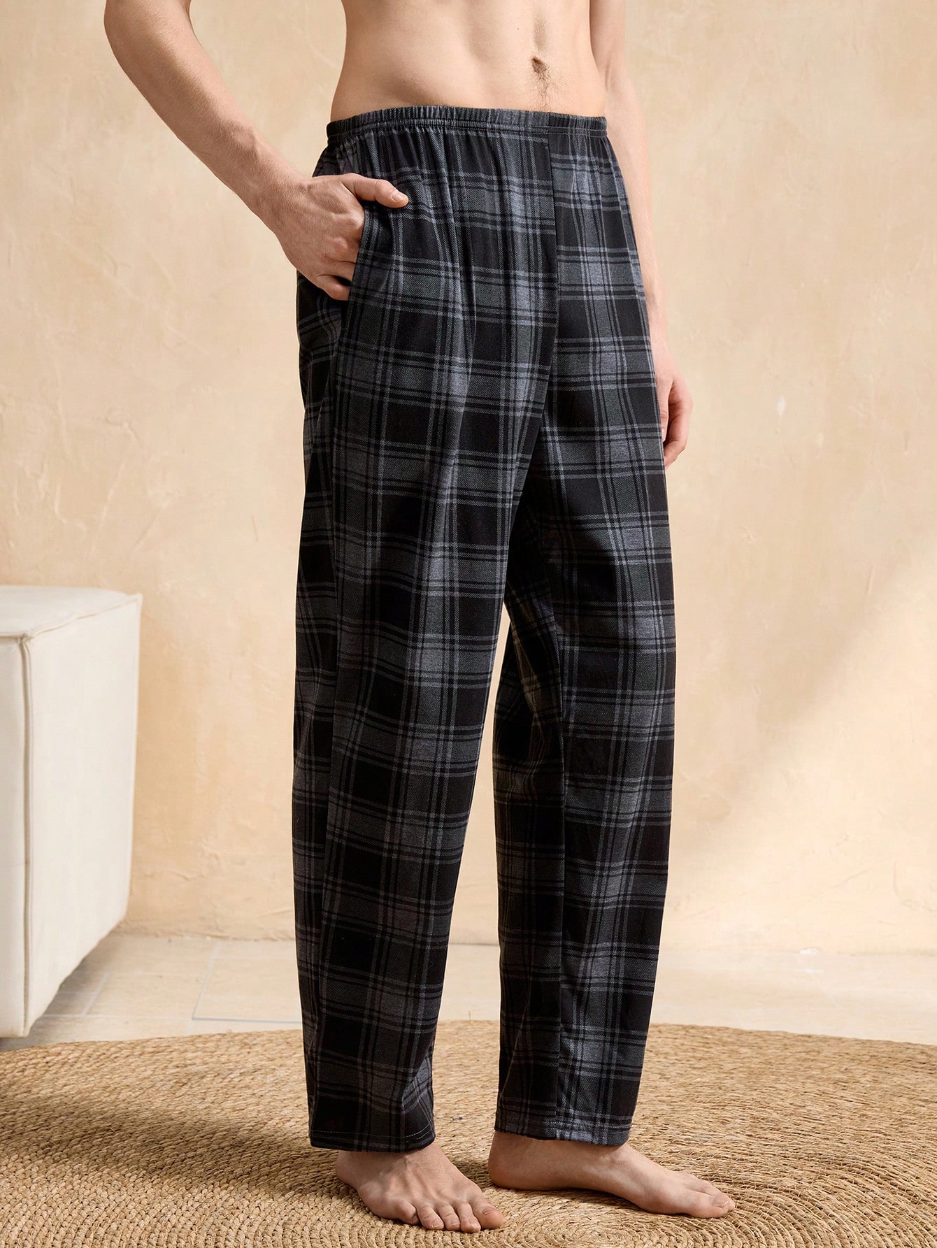 Pantalon de pyjama casual court à carreaux bleu royal avec poches, en tissu à stretch — vue 9