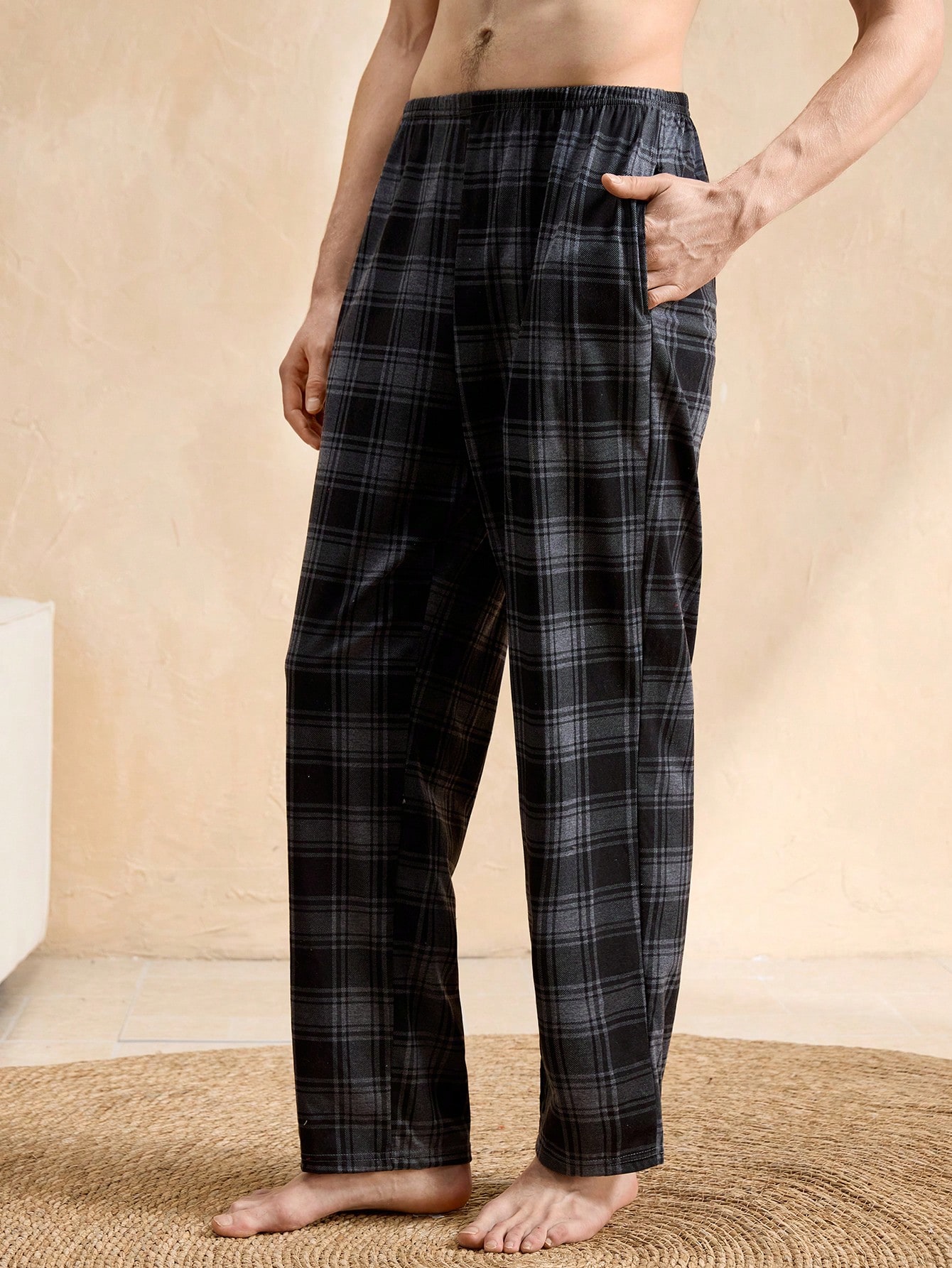 Pantalon de pyjama casual court à carreaux bleu royal avec poches, en tissu à stretch — vue 12