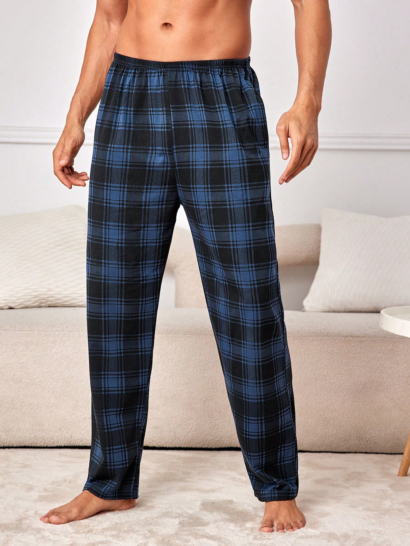 Pantalon de pyjama casual court à carreaux bleu royal avec poches, en tissu à stretch — vue 10