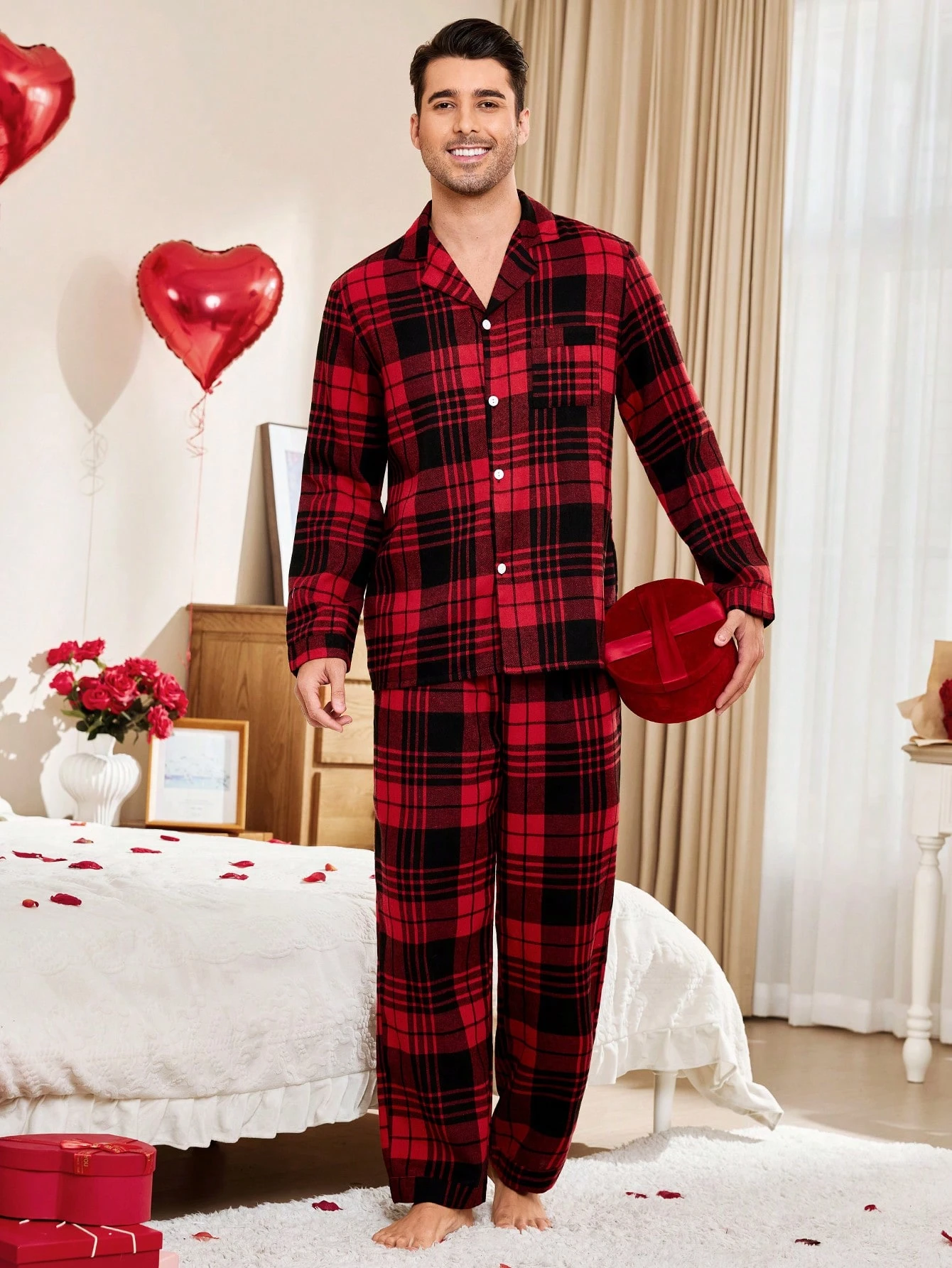 CoupledUp 1 set Homme Jour de la Saint-Valentin Pyjama à carreaux décontracté avec col — vue 6