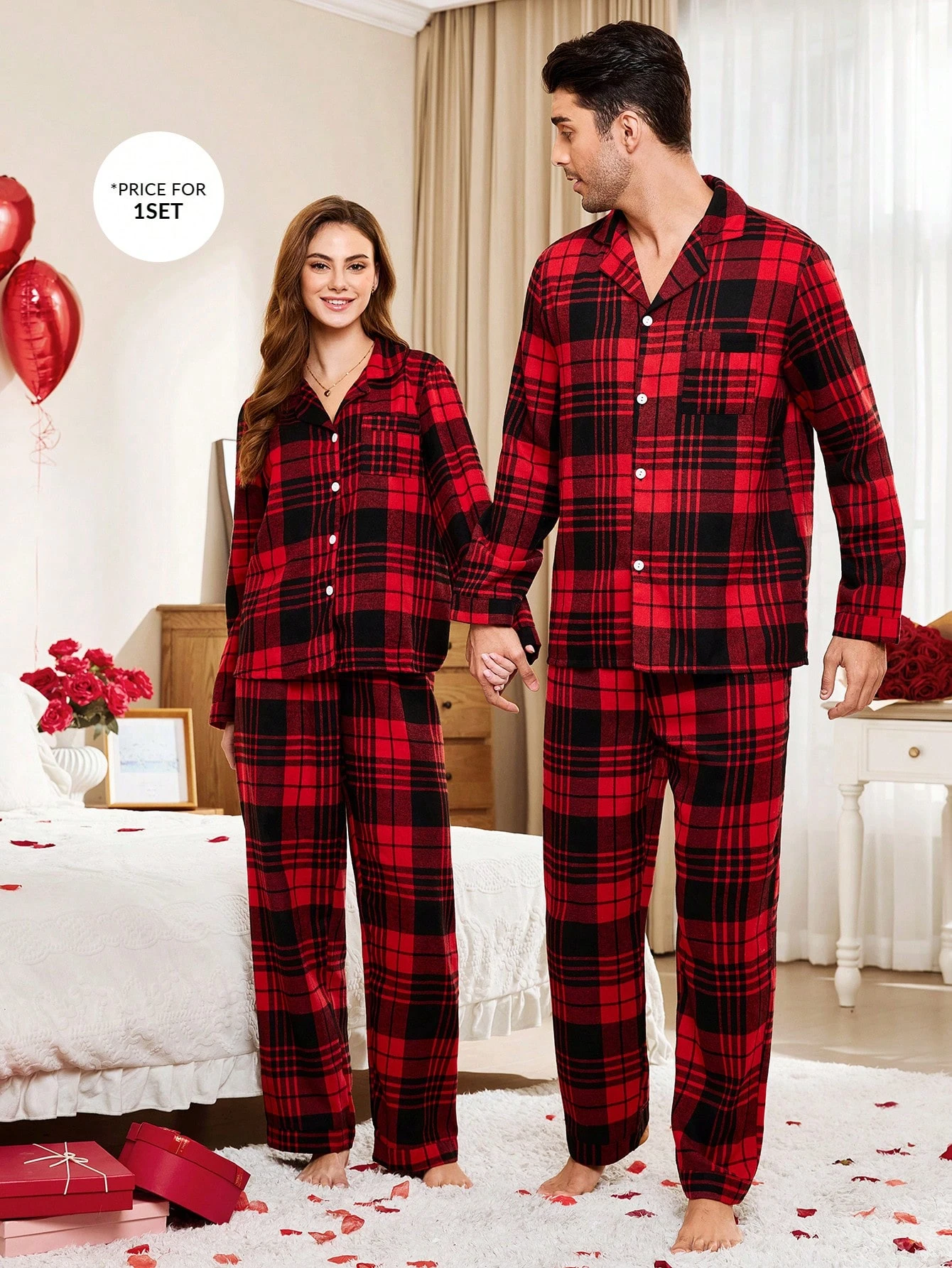 CoupledUp 1 set Homme Jour de la Saint-Valentin Pyjama à carreaux décontracté avec col — vue 3