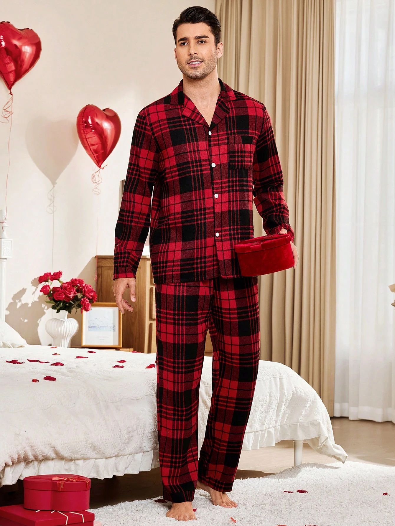 CoupledUp 1 set Homme Jour de la Saint-Valentin Pyjama à carreaux décontracté avec col — vue 5