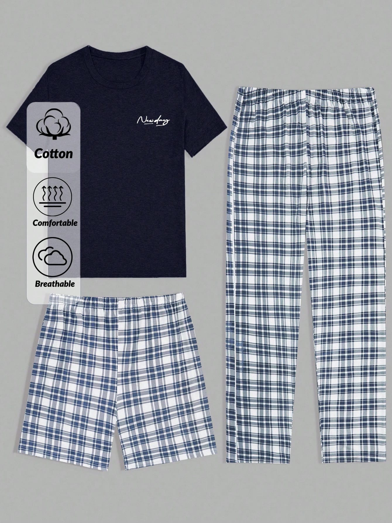 Cottnline Ensemble de détente homme en coton à carreaux imprimés, 3 pièces: