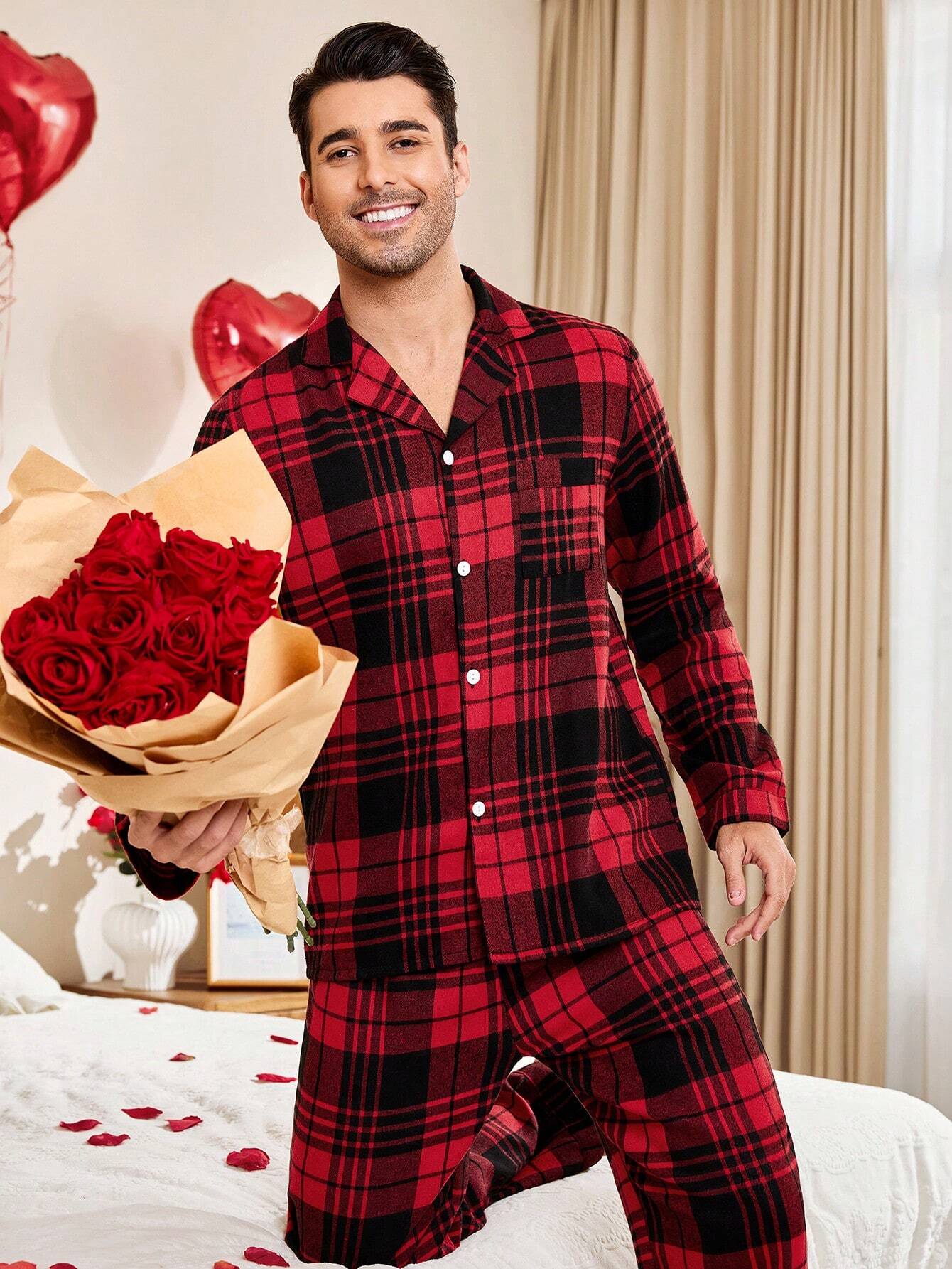 CoupledUp 1 set Homme Jour de la Saint-Valentin Pyjama à carreaux décontracté avec col — vue 7