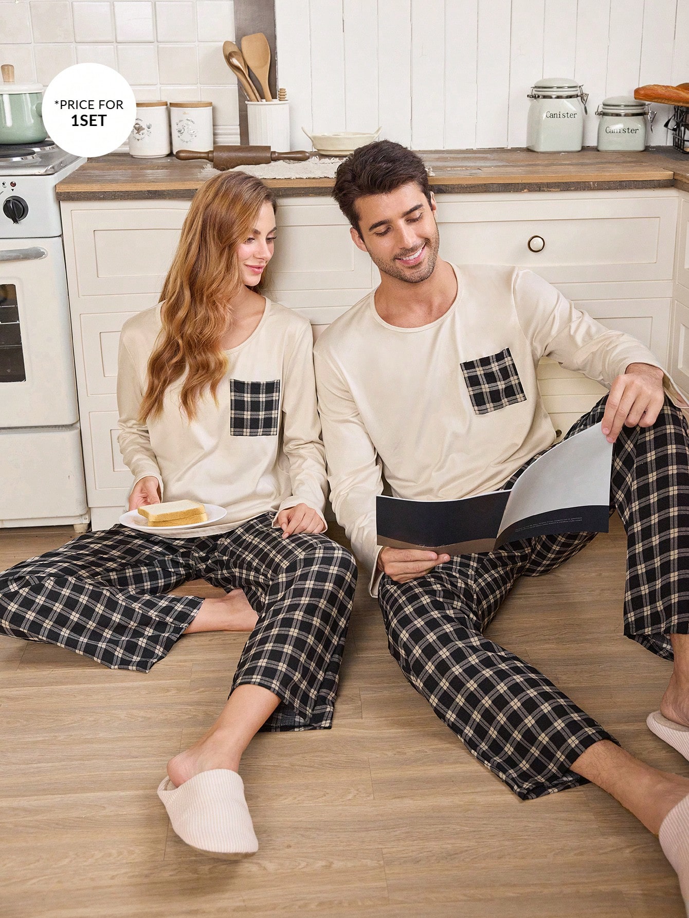 CoupledUp Ensemble de pyjama col rond à manches longues à carreaux pour hommes. Pyjama à — vue 5