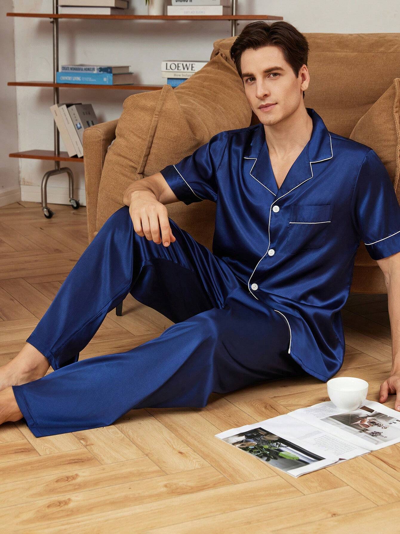 Ensemble de pyjama satin blanc Top à manches courtes avec lien contrastant & — vue 5