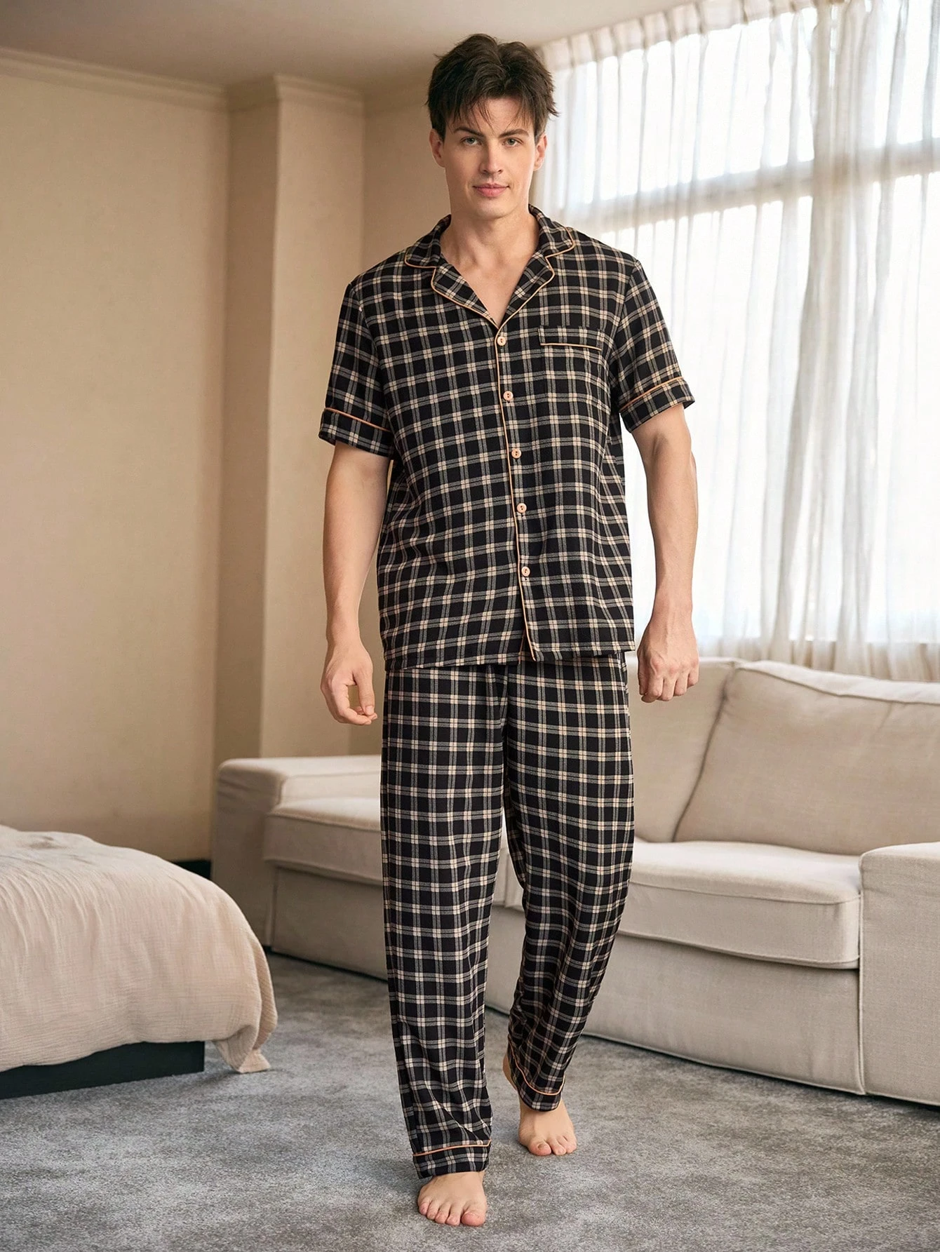 CoupledUp Ensemble de pyjama casual pour homme avec col ouvert, bordure contrastante et — vue 4